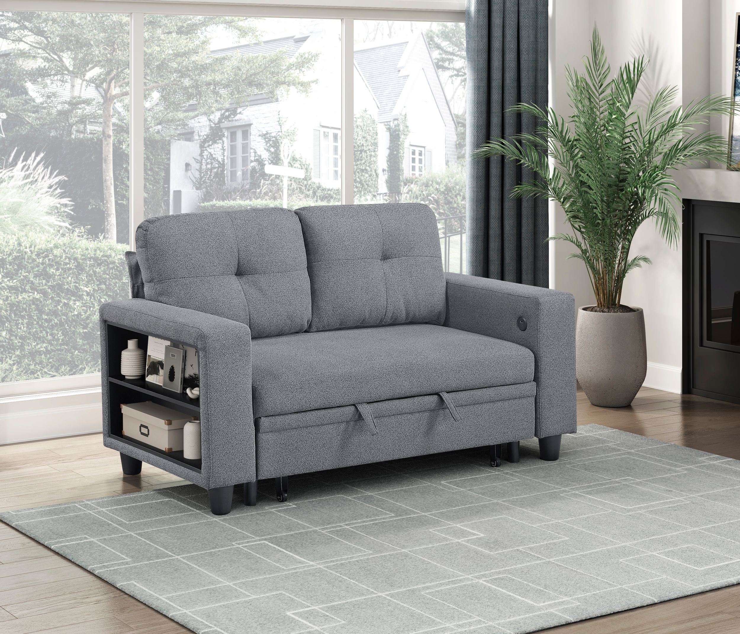 Robinson Boucle Loveseat with Pull‑out Bed, Shelves & Charging Ports