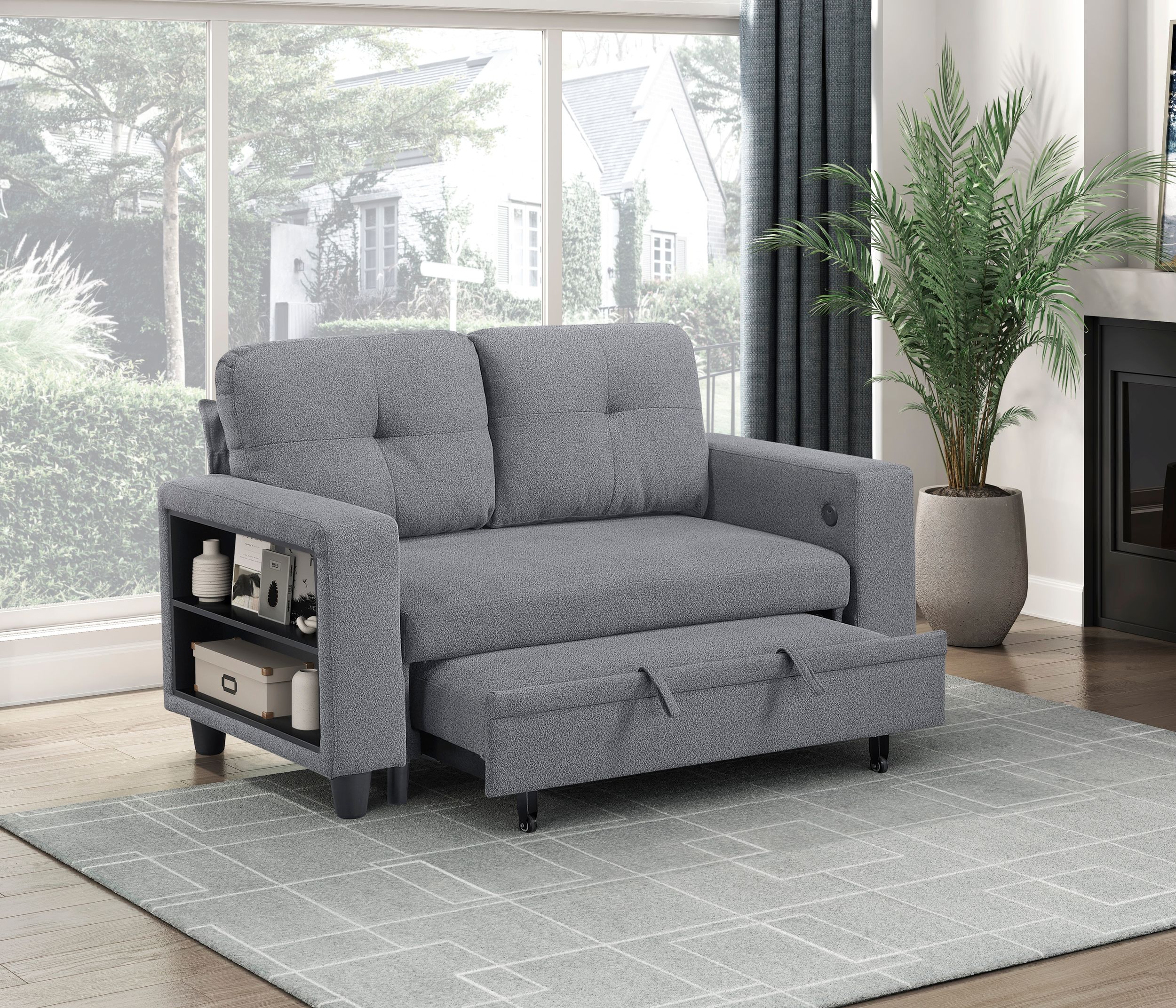Robinson Boucle Loveseat with Pull‑out Bed, Shelves & Charging Ports
