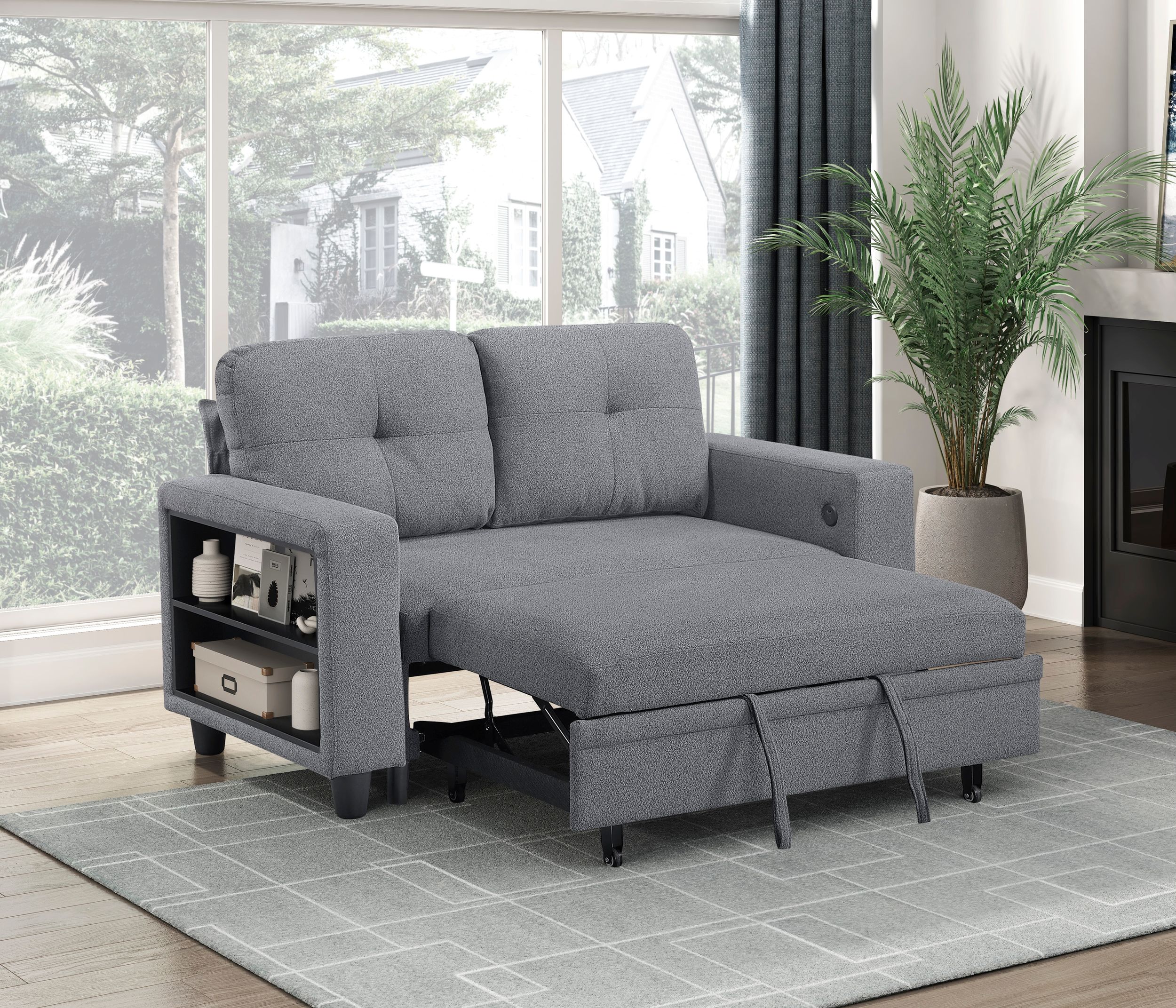 Robinson Boucle Loveseat with Pull‑out Bed, Shelves & Charging Ports