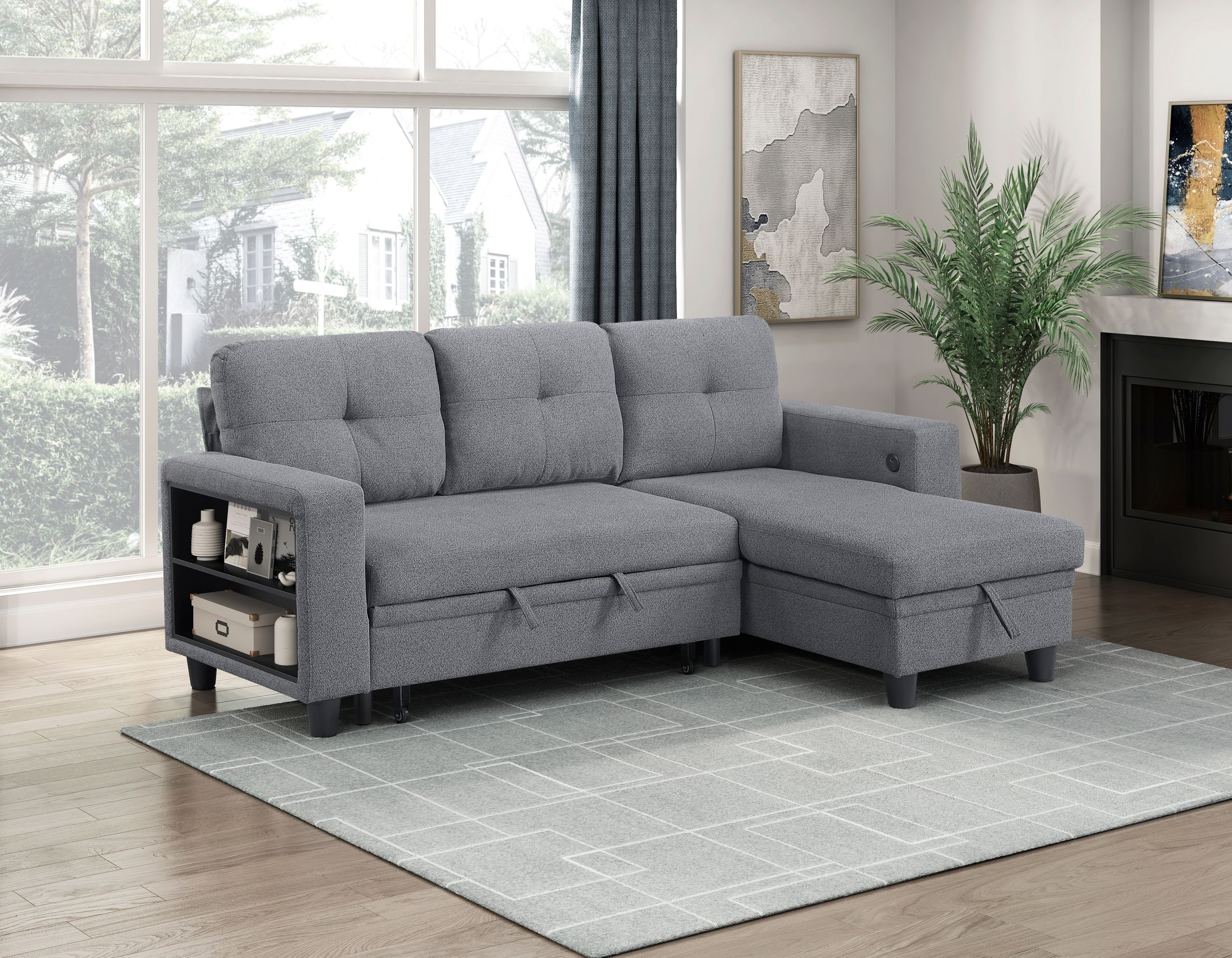 Robinson Boucle Sectional Sofa with Reversible Chaise, Pull‑out Bed, Shelves & Charging Ports