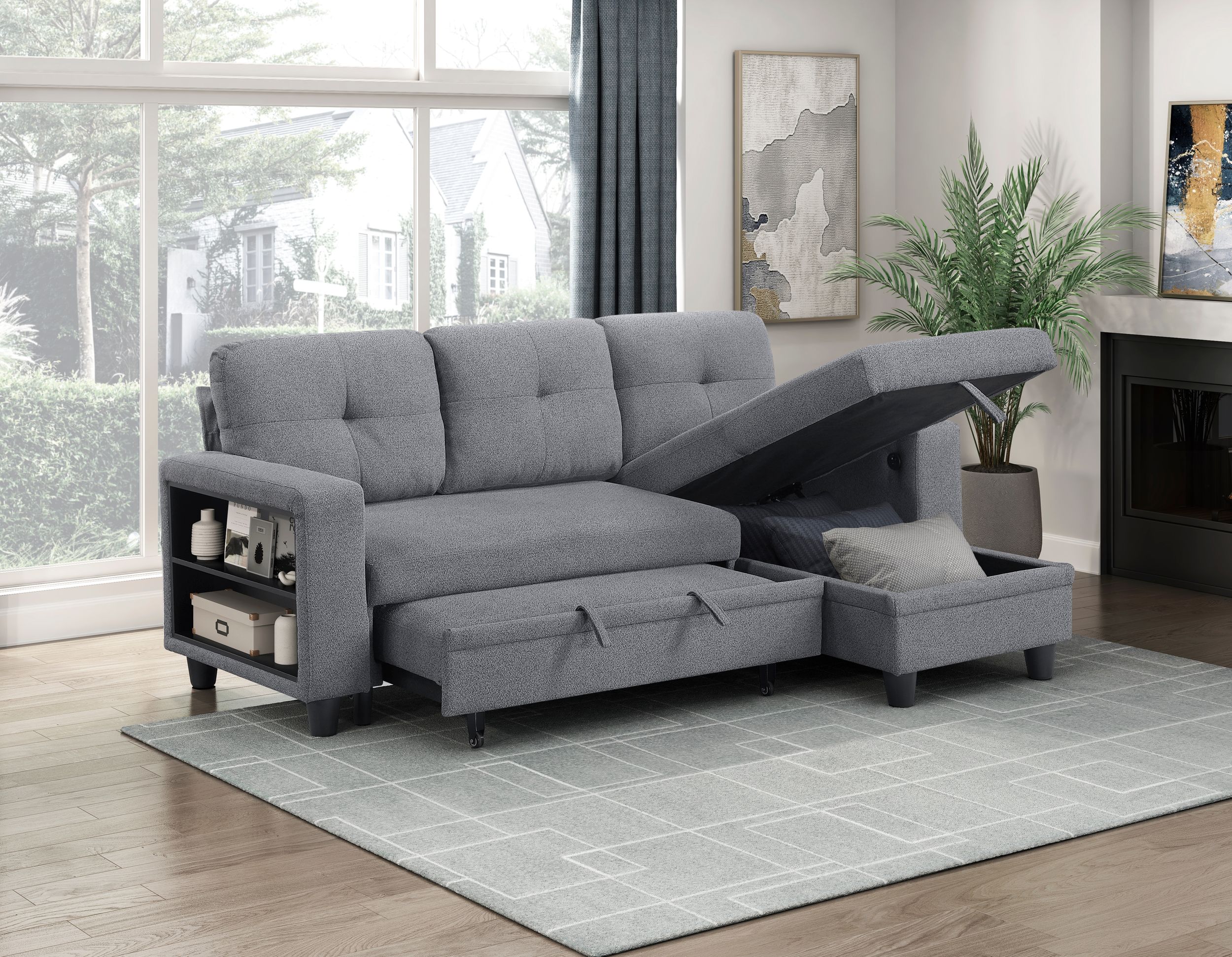 Robinson Boucle Sectional Sofa with Reversible Chaise, Pull‑out Bed, Shelves & Charging Ports