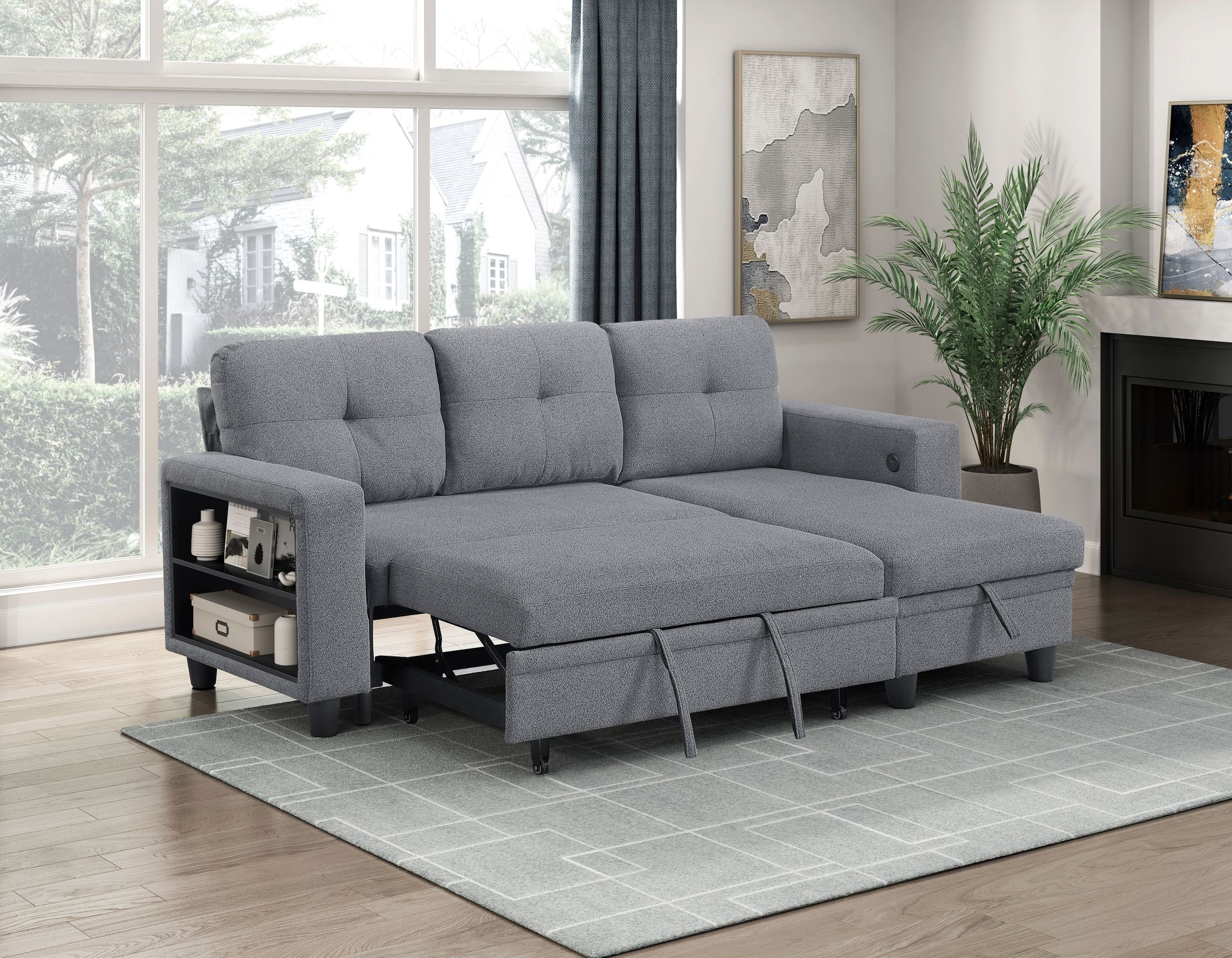 Robinson Boucle Sectional Sofa with Reversible Chaise, Pull‑out Bed, Shelves & Charging Ports