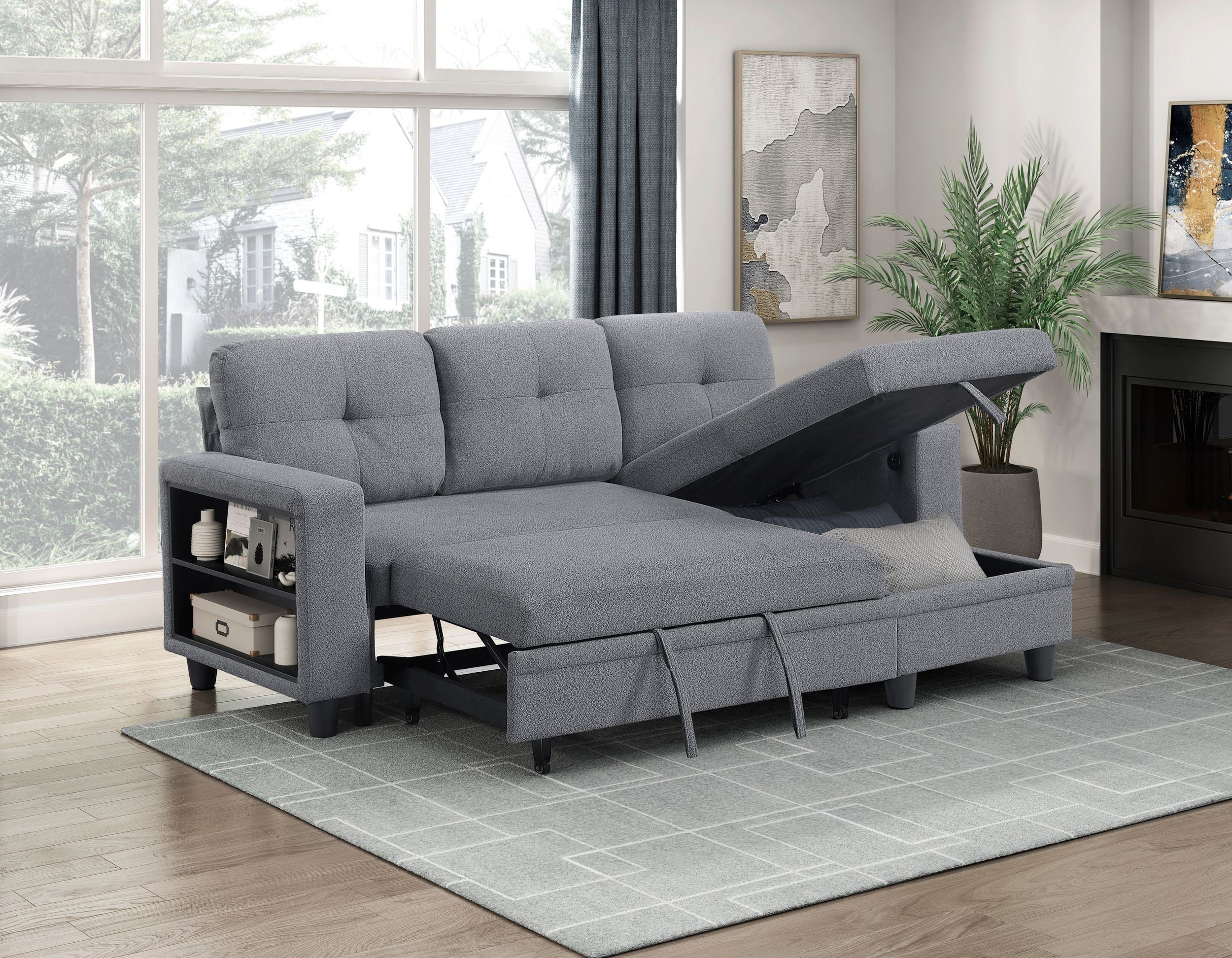 Robinson Boucle Sectional Sofa with Reversible Chaise, Pull‑out Bed, Shelves & Charging Ports