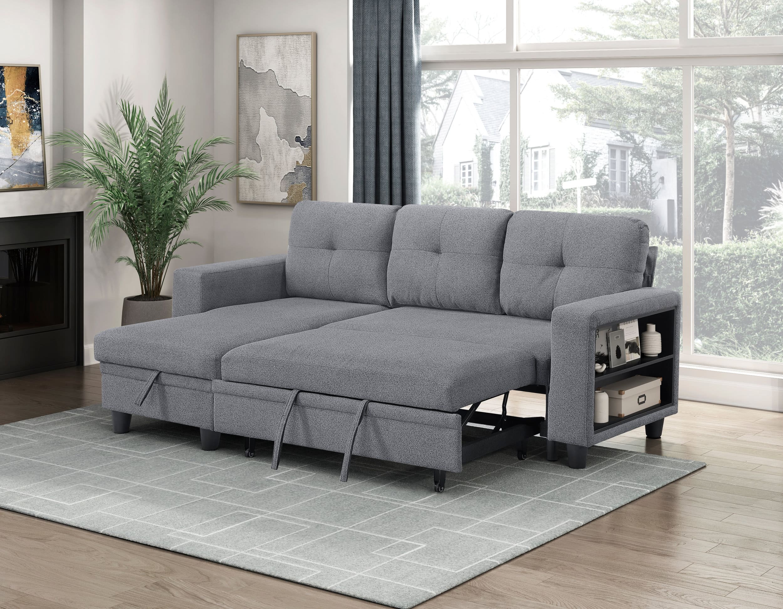 Robinson Boucle Sectional Sofa with Reversible Chaise, Pull‑out Bed, Shelves & Charging Ports