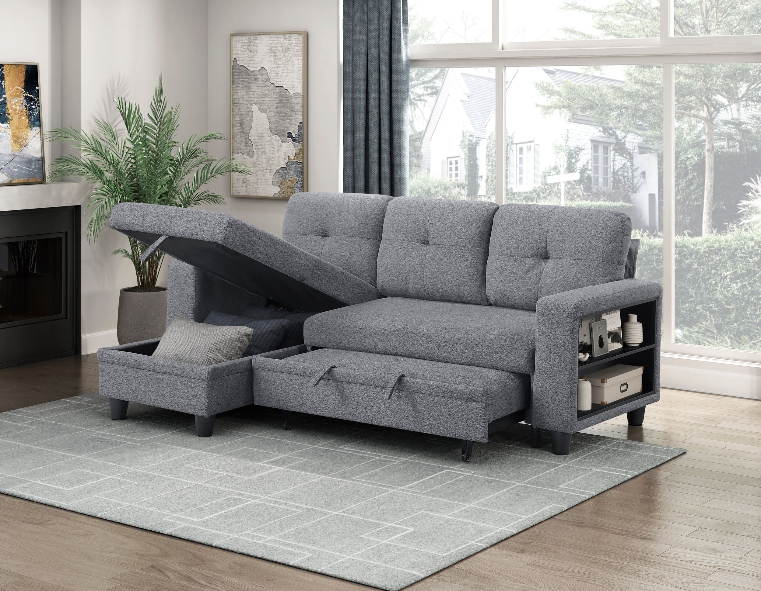 Robinson Boucle Sectional Sofa with Reversible Chaise, Pull‑out Bed, Shelves & Charging Ports
