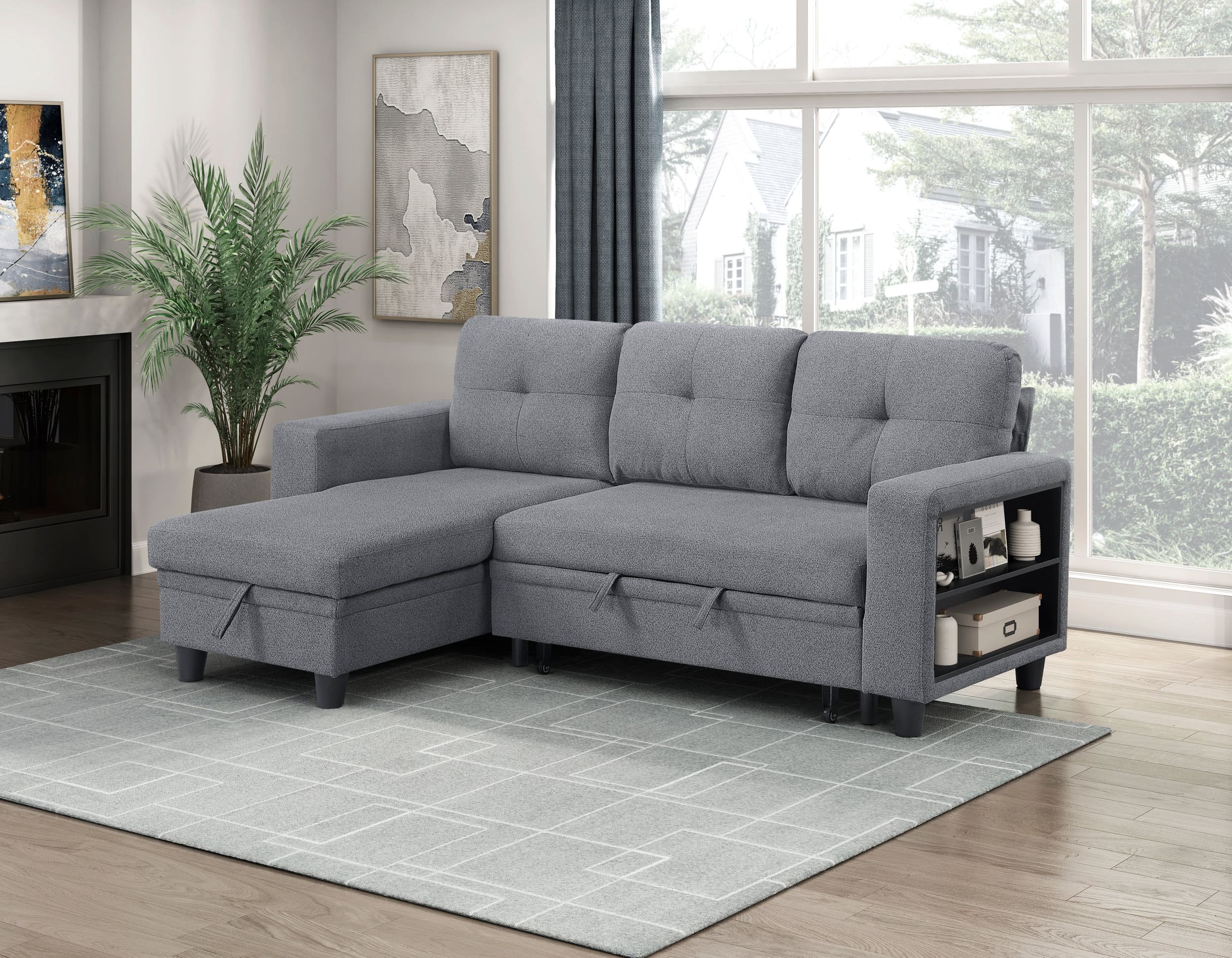 Robinson Boucle Sectional Sofa with Reversible Chaise, Pull‑out Bed, Shelves & Charging Ports