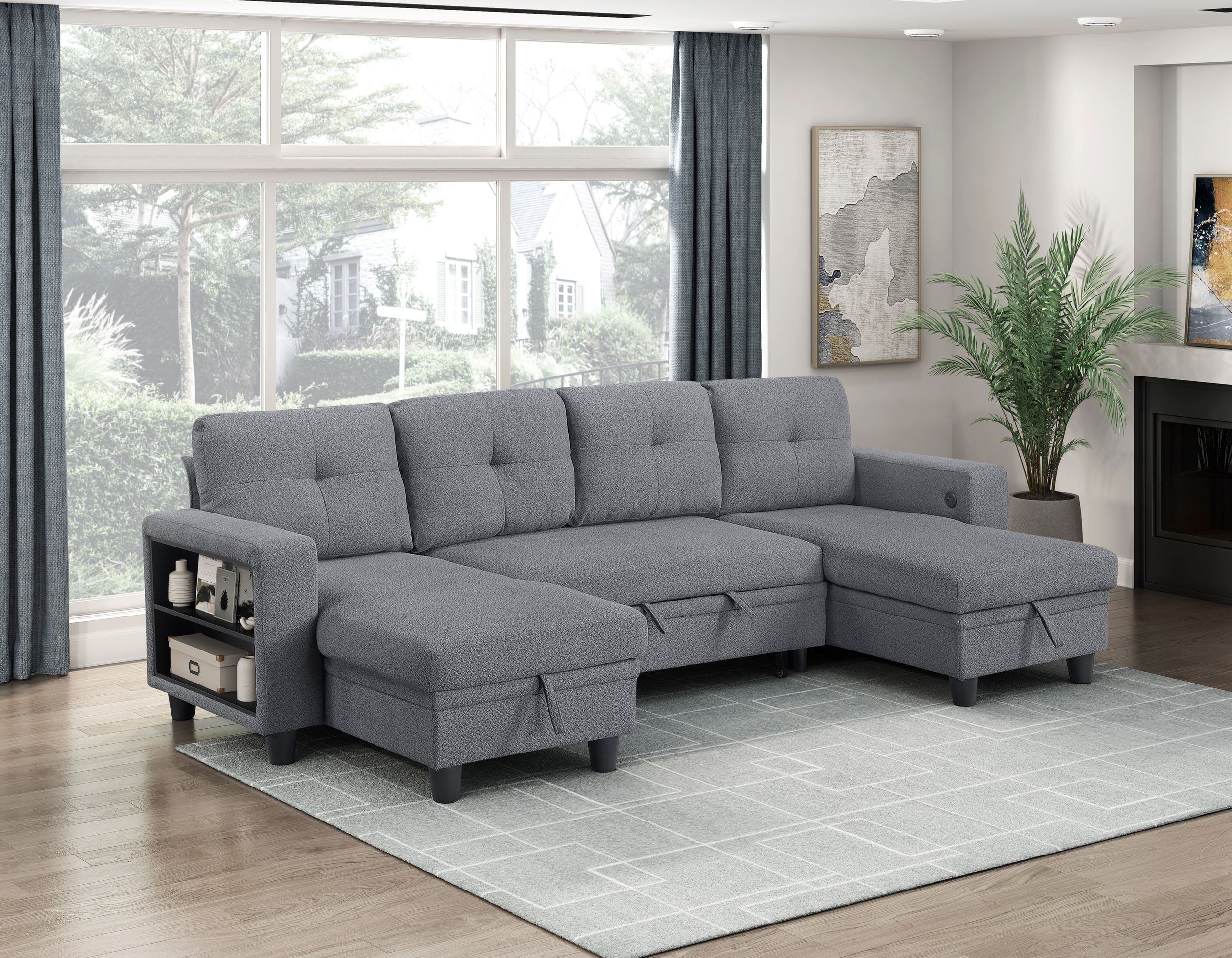 Robinson Boucle Double Chaise Sectional with Pull‑out Bed, Shelves & Charging Ports