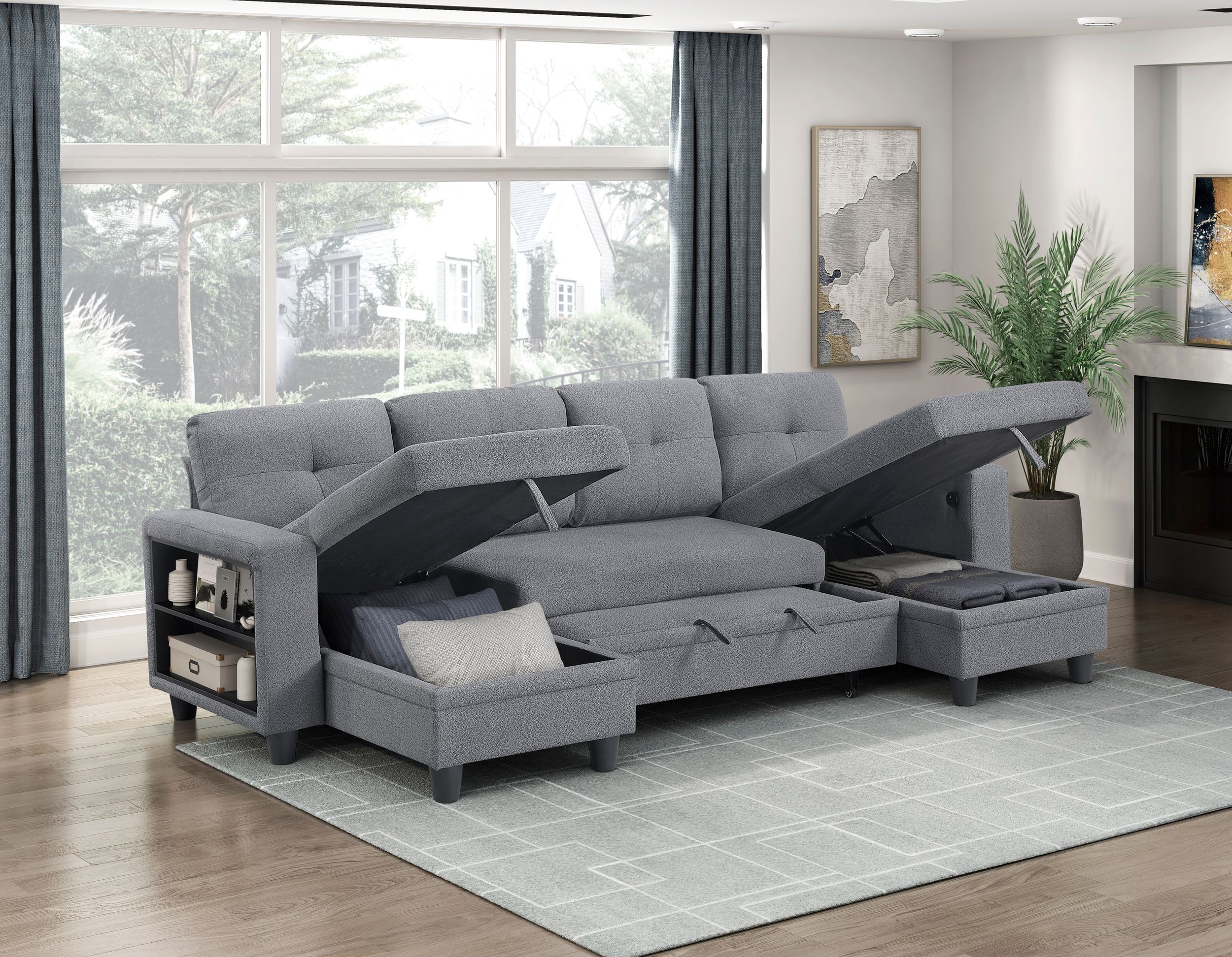 Robinson Boucle Double Chaise Sectional with Pull‑out Bed, Shelves & Charging Ports
