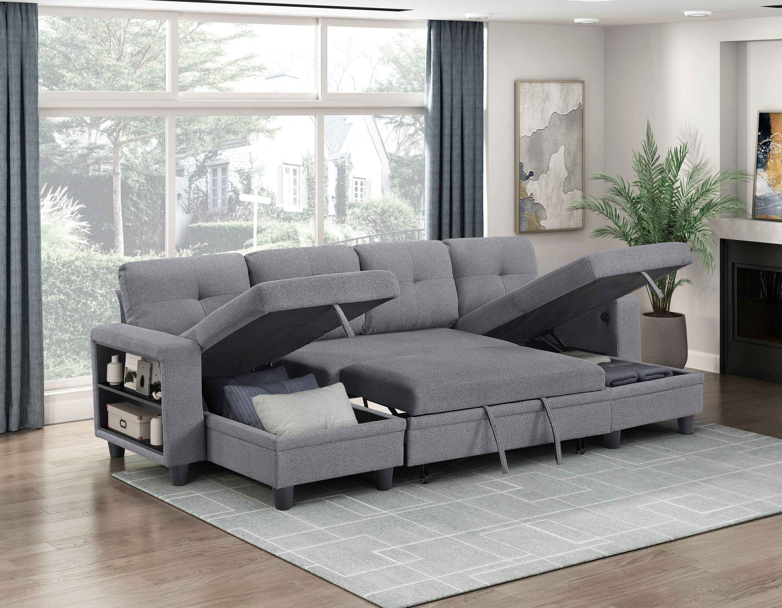 Robinson Boucle Double Chaise Sectional with Pull‑out Bed, Shelves & Charging Ports