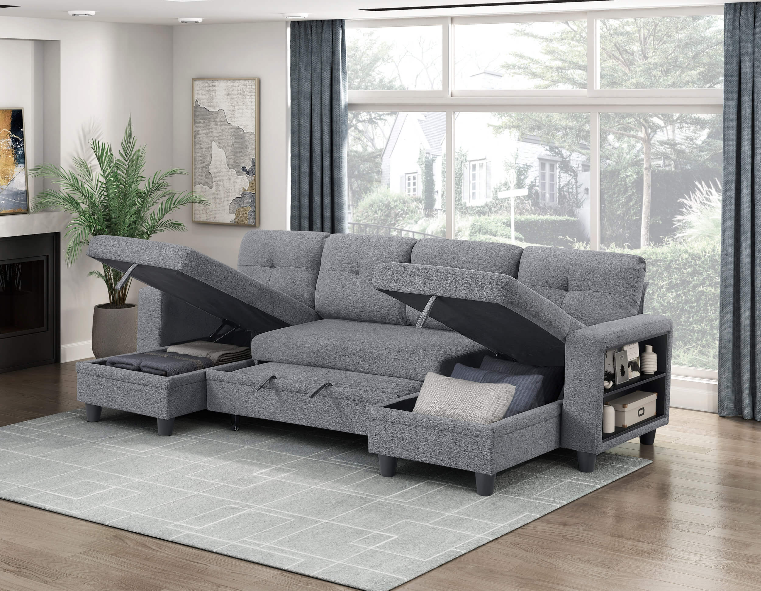 Robinson Boucle Double Chaise Sectional with Pull‑out Bed, Shelves & Charging Ports