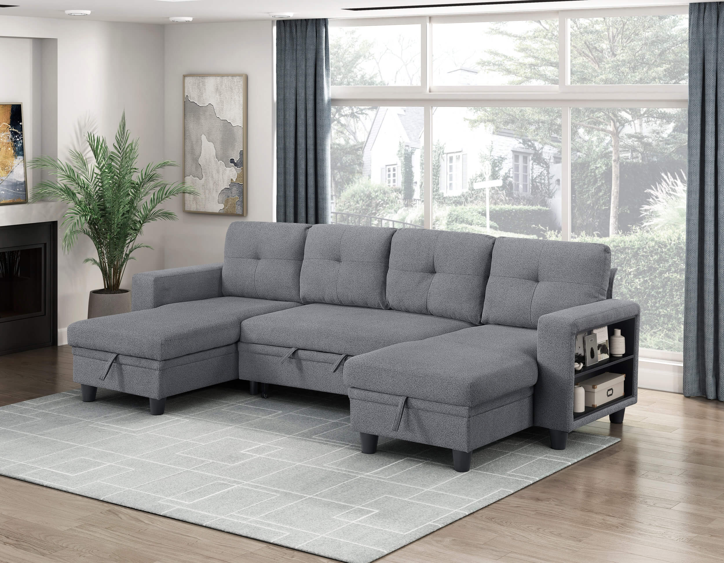 Robinson Boucle Double Chaise Sectional with Pull‑out Bed, Shelves & Charging Ports