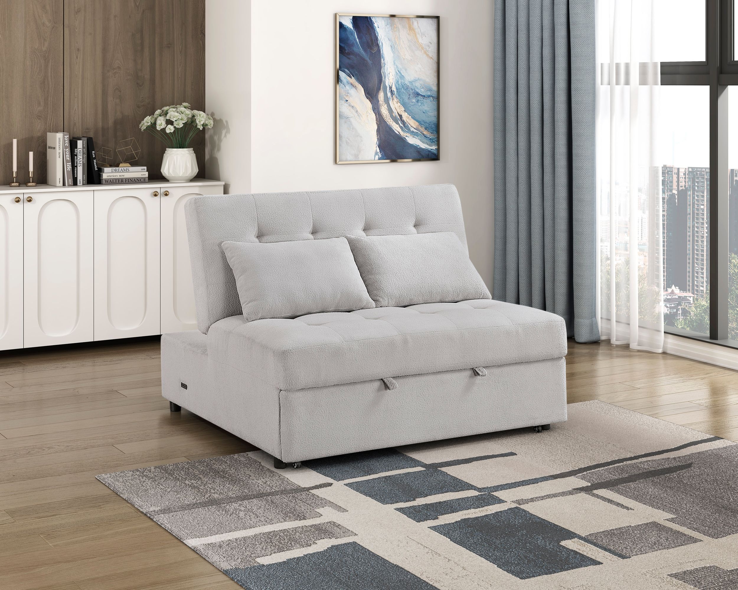 Desmond Polyester Convertible Armless 2‑Seater with Pull‑out Bed & Charging Ports