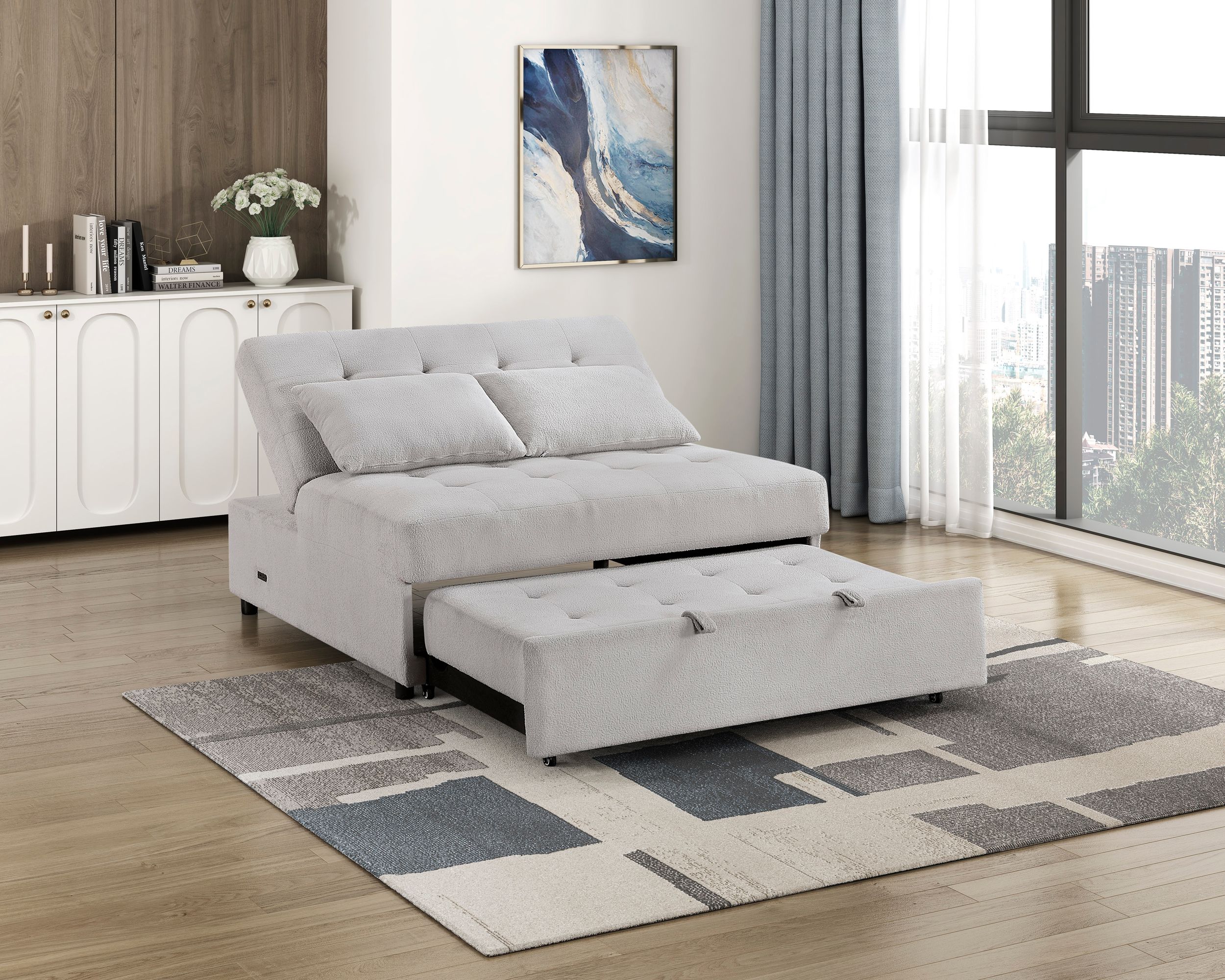 Desmond Polyester Convertible Armless 2‑Seater with Pull‑out Bed & Charging Ports