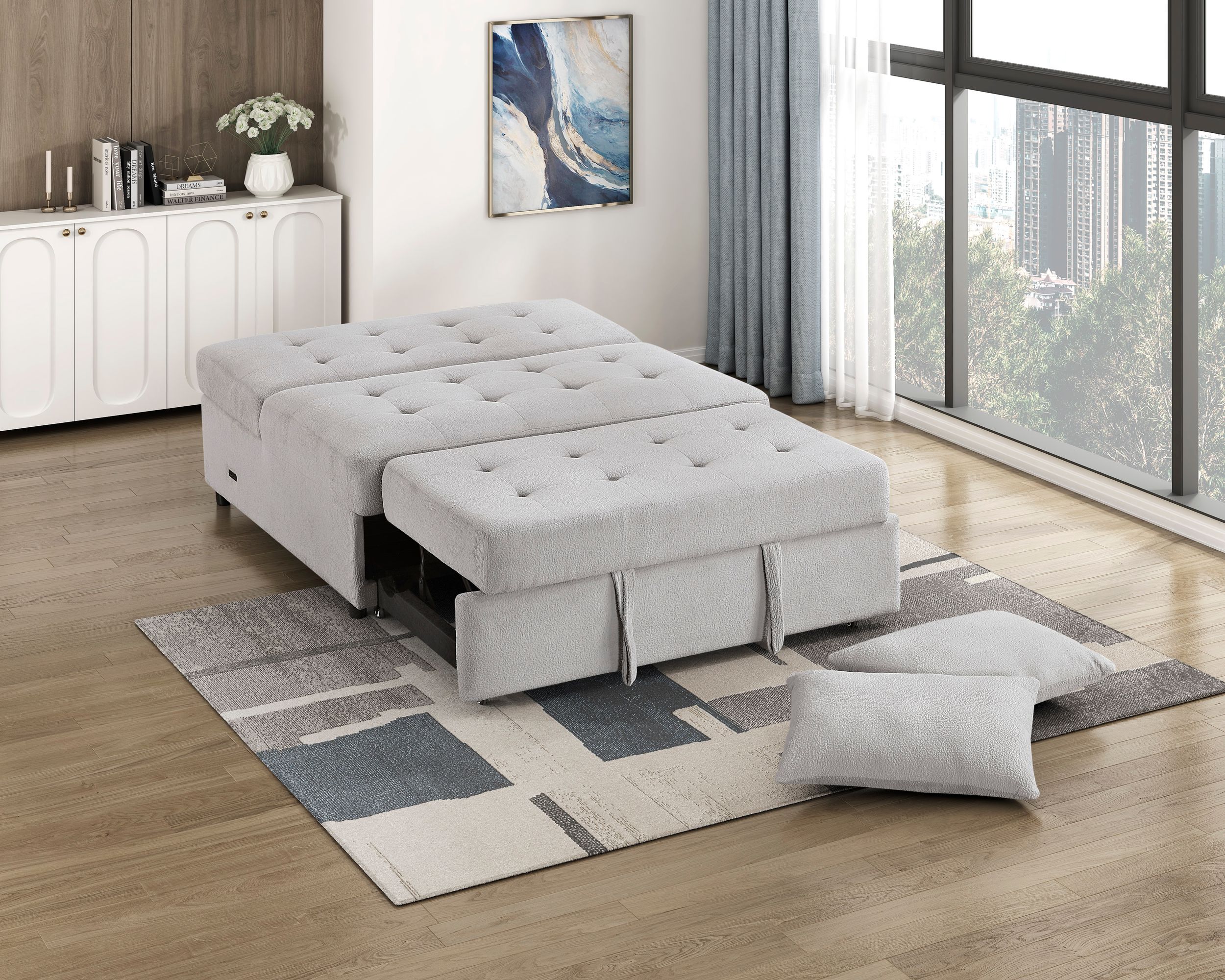 Desmond Polyester Convertible Armless 2‑Seater with Pull‑out Bed & Charging Ports