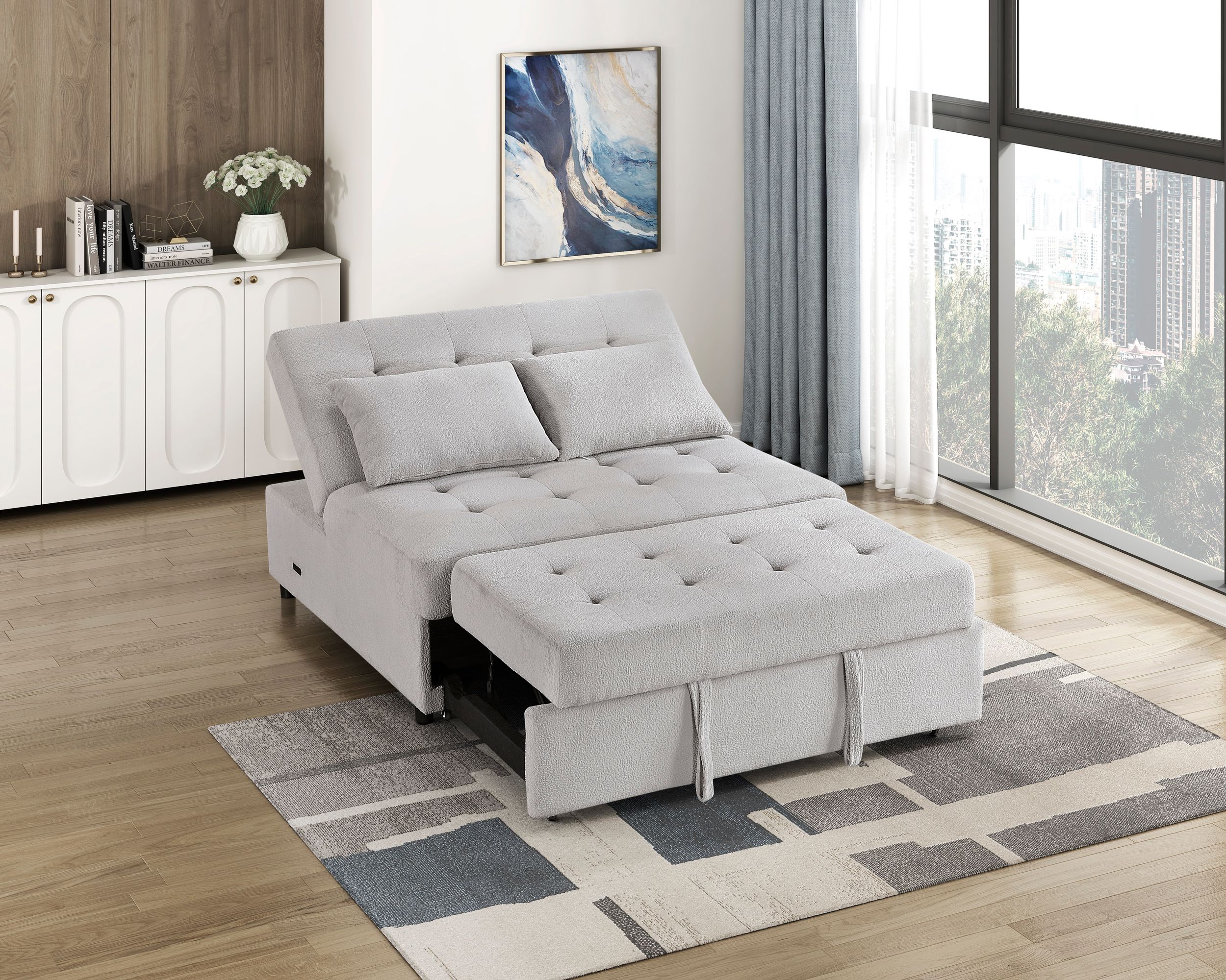 Desmond Polyester Convertible Armless 2‑Seater with Pull‑out Bed & Charging Ports