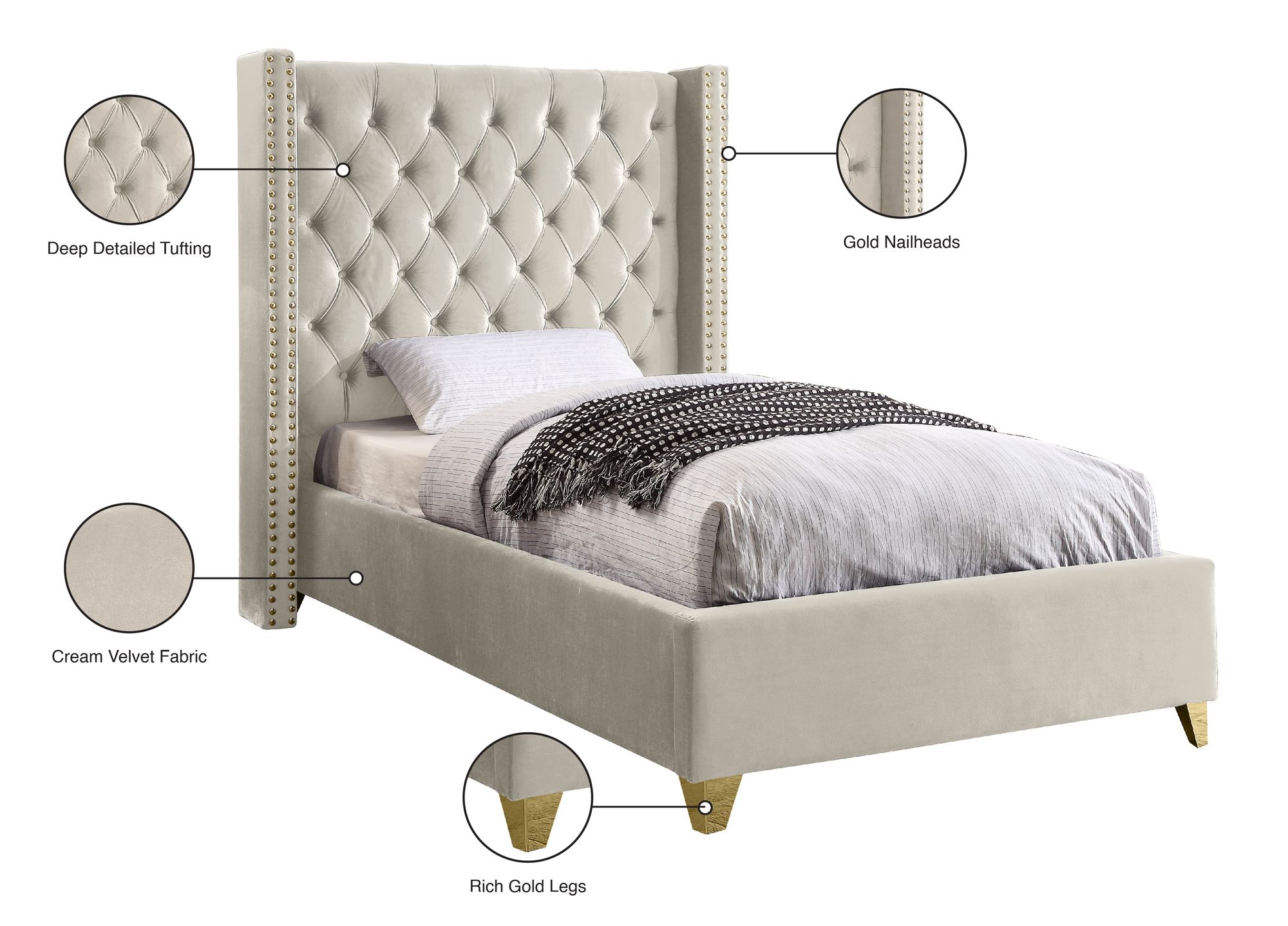 Barolo Velvet Twin Size Bed
