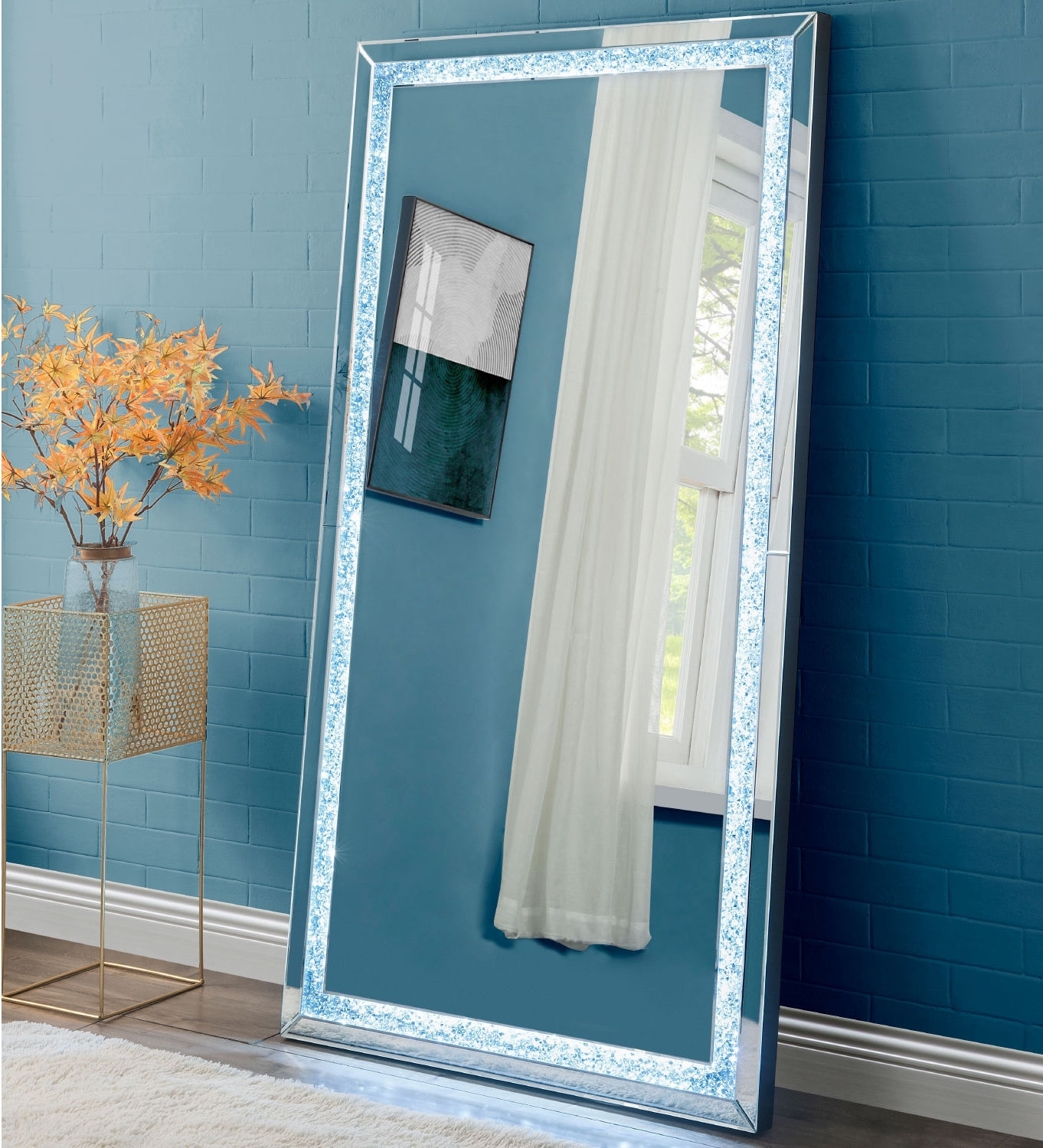 Noralie 97600 Mirrored/Faux Diamonds Accent Floor Mirror w/LED Light