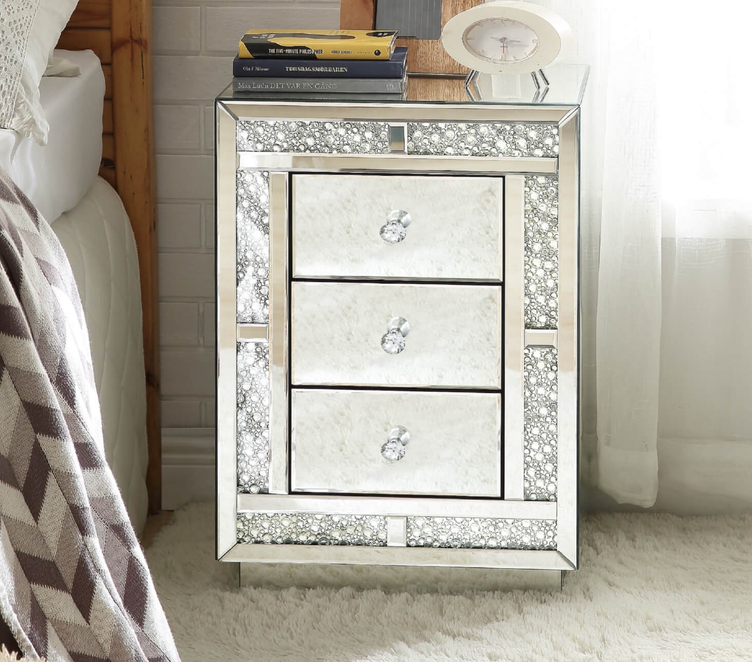 Mallika 97653 Mirrored/Faux Crystals Accent Table/Nightstand