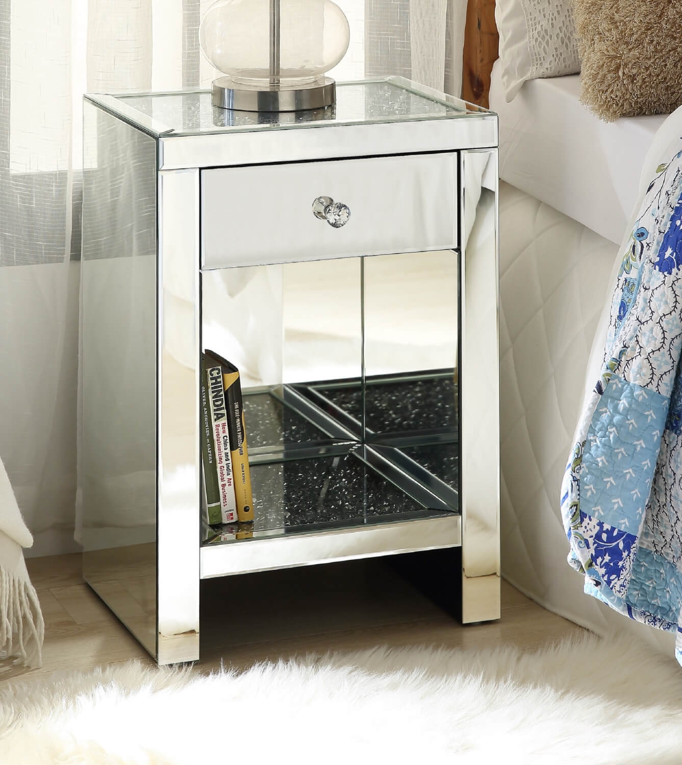 Noralie 97654 Mirrored/Faux Diamonds Accent Table/Nightstand