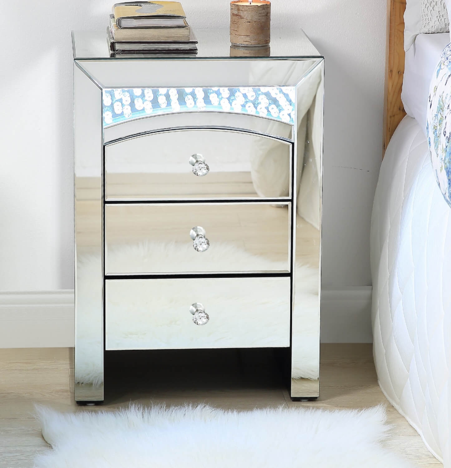 Nysa 97655 Mirrored/Faux Crystals Accent Table/Nightstand w/ LED