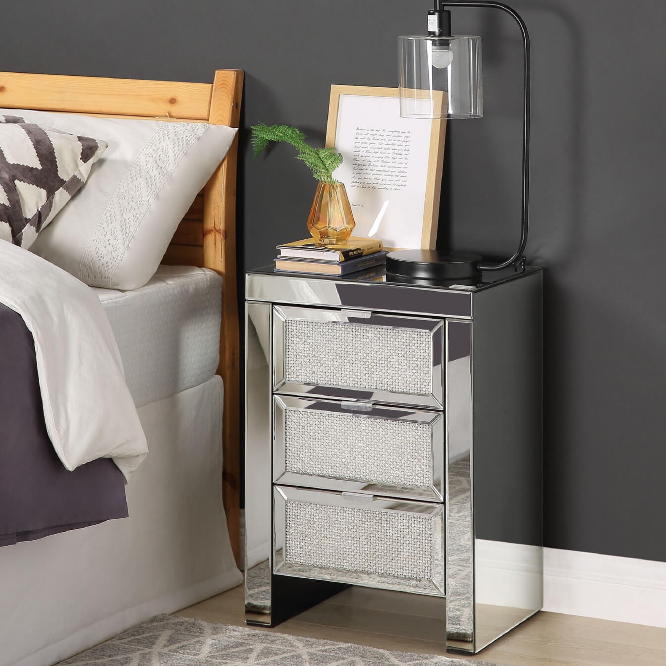 Lavina 97661 Mirrored/Faux Diamonds Accent Table/Nightstand