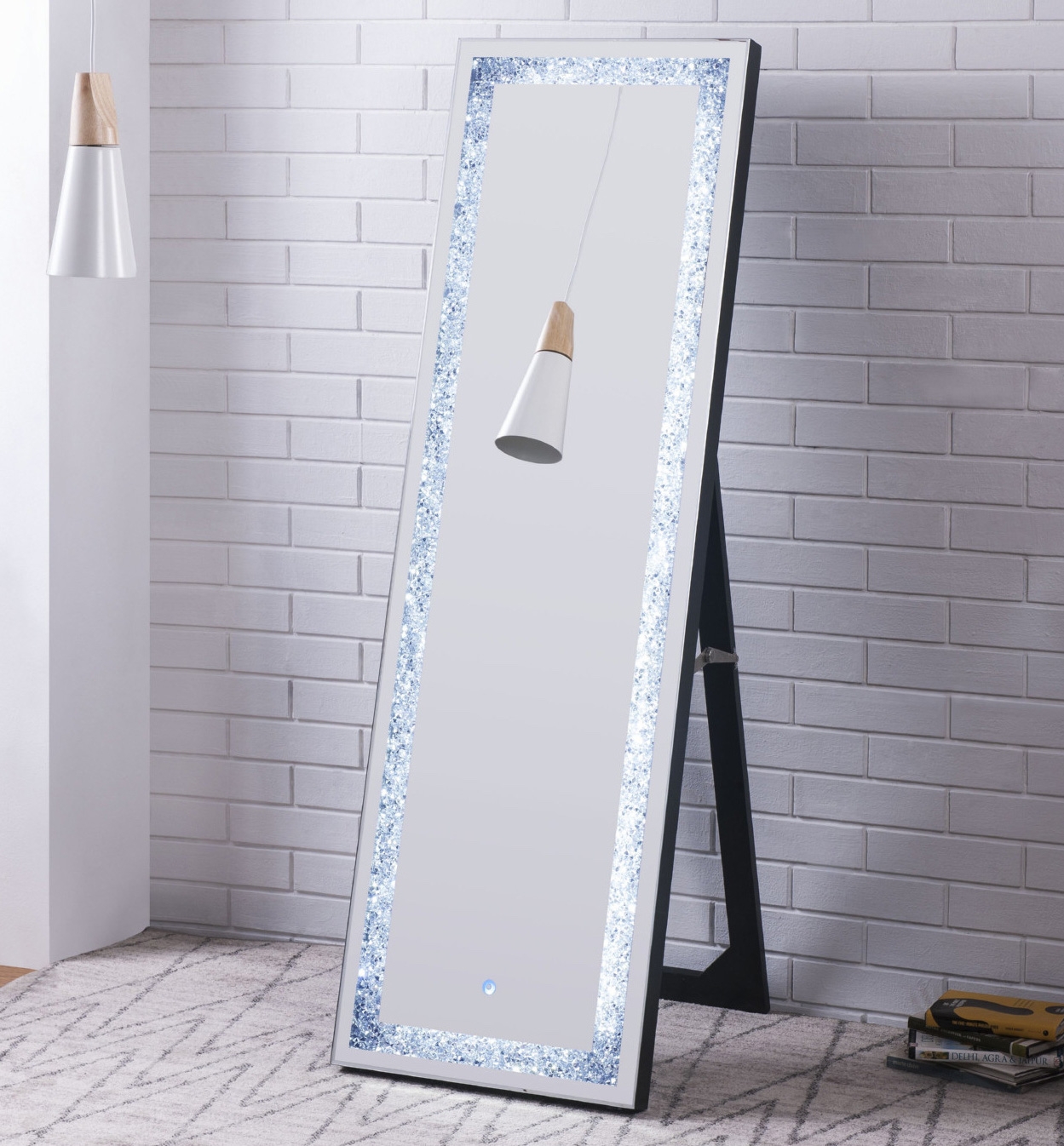 Noralie 97713 Mirrored/Faux Diamonds Accent Floor Mirror w/LED Light