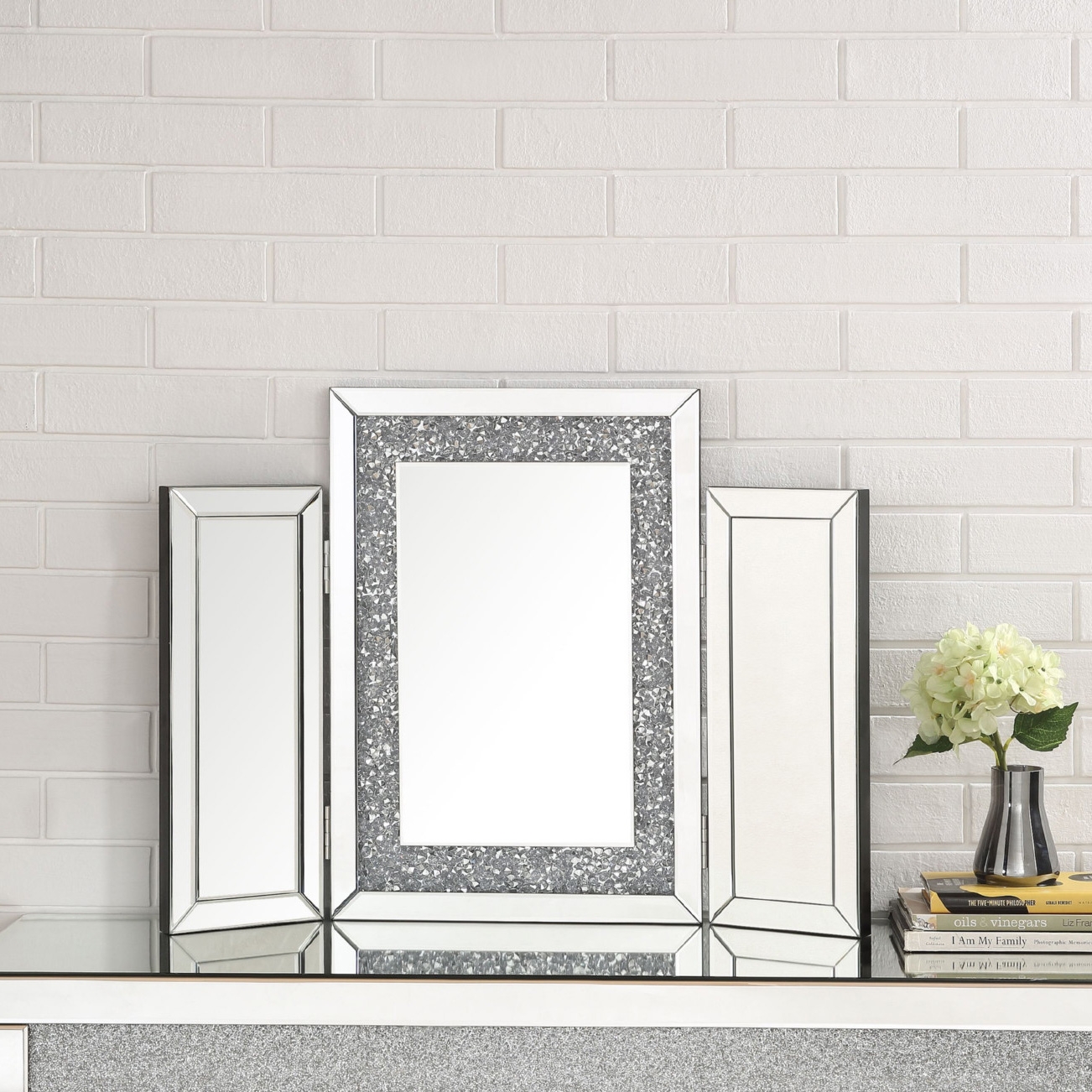 Noralie 97731 Mirrored/Faux Diamonds Tri-fold Mirror