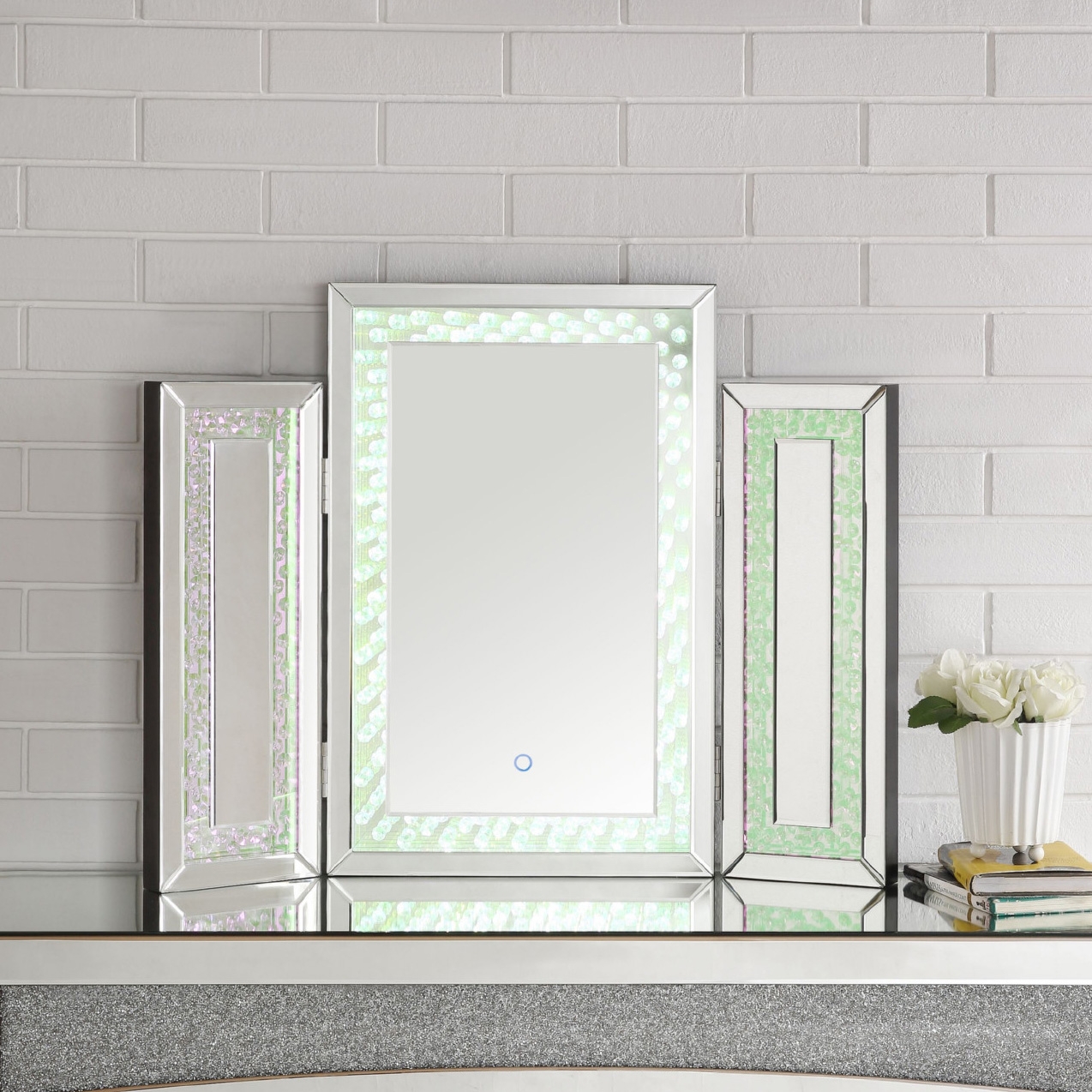 Nysa 97732 Mirrored/Faux Crystals Tri-fold Mirror w/ LED Light