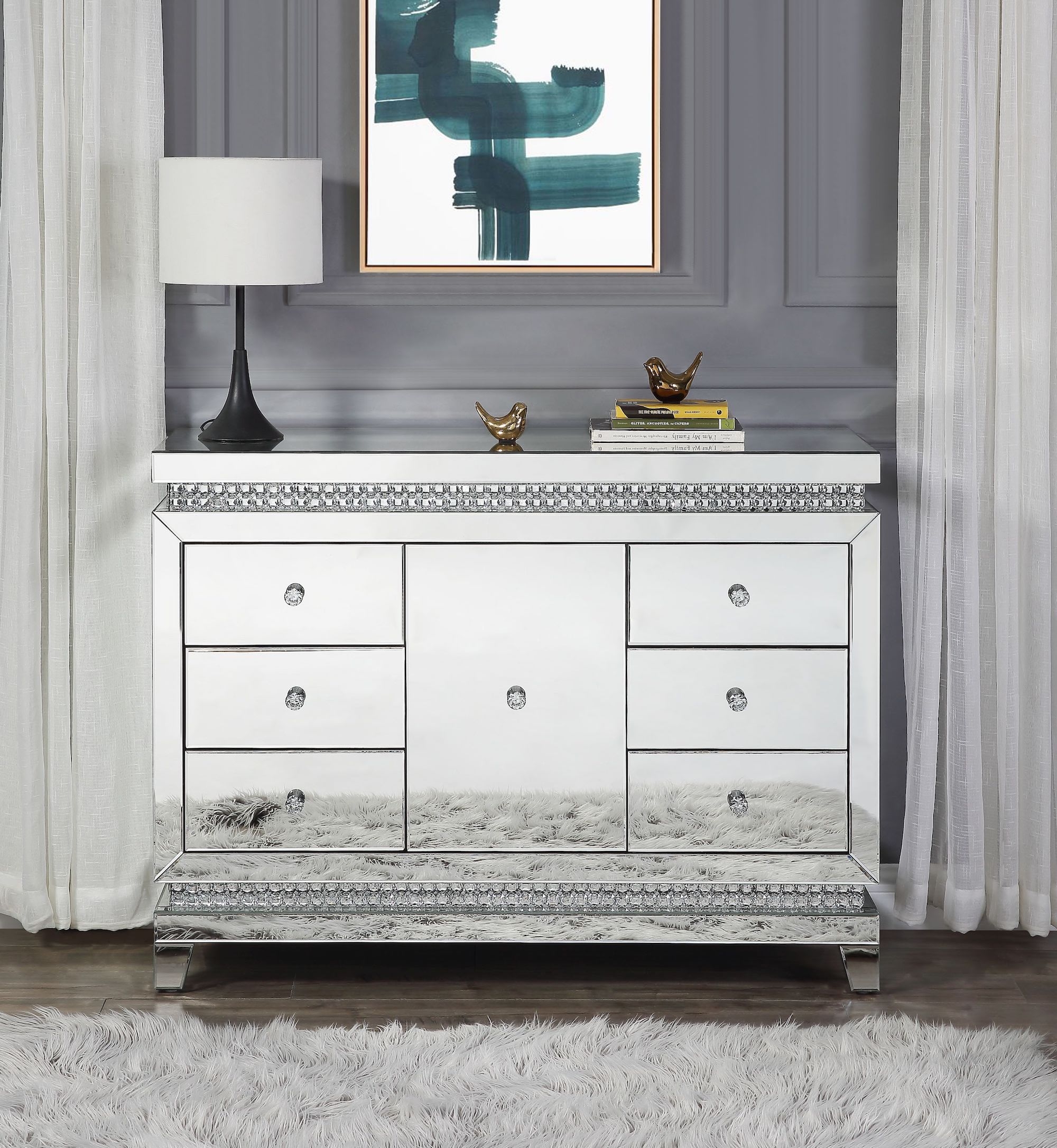Lotus 97813 Mirrored/Faux Crystals Cabinet/Console Table