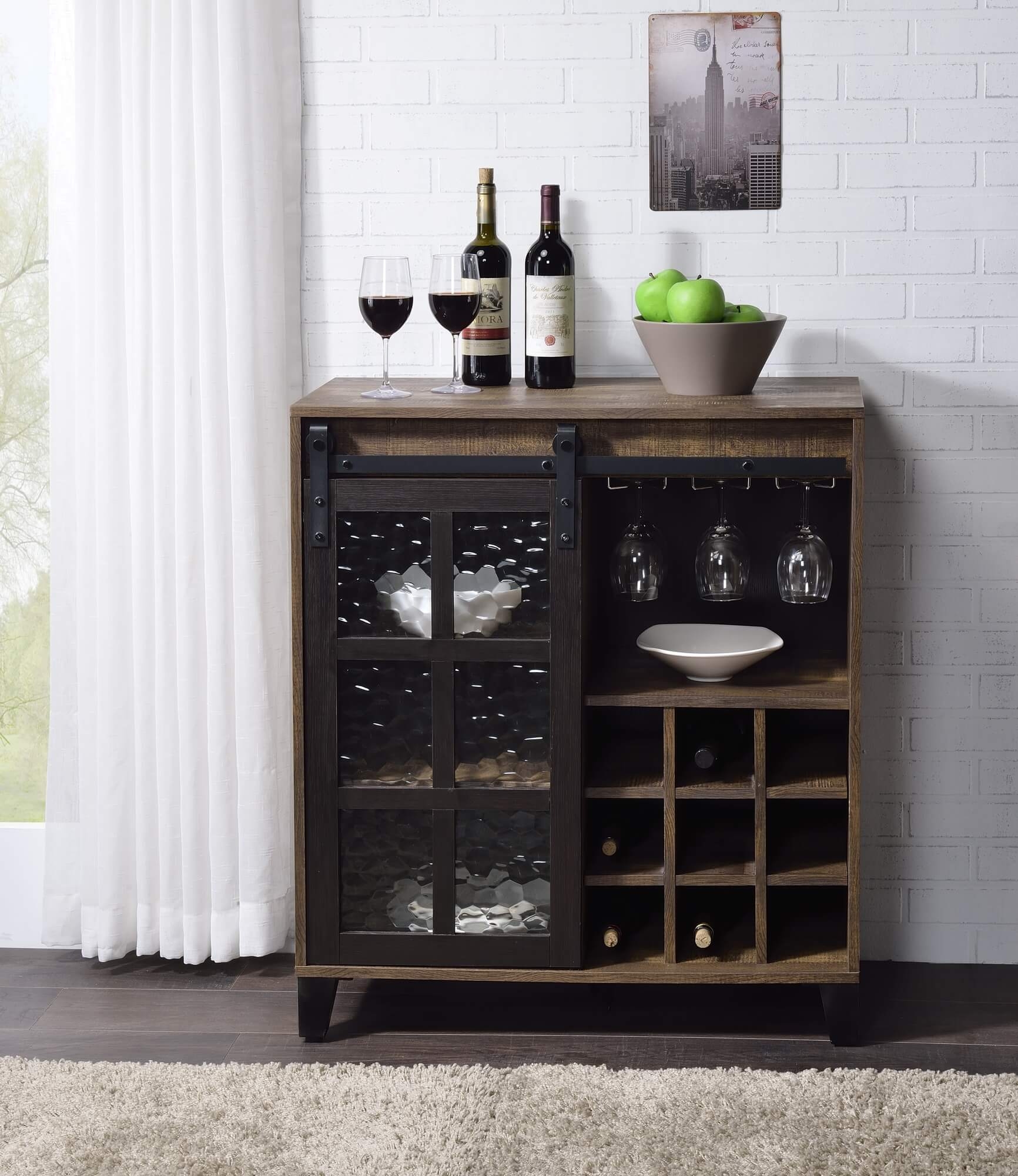 Treju Wood Veneer/Metal/Glass Wine Cabinet