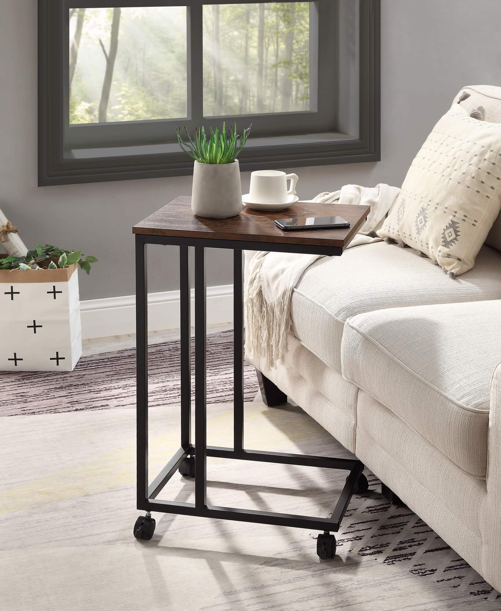 Taurus Wood Veneer/Metal Mobile Accent Table w/ Caster Wheels