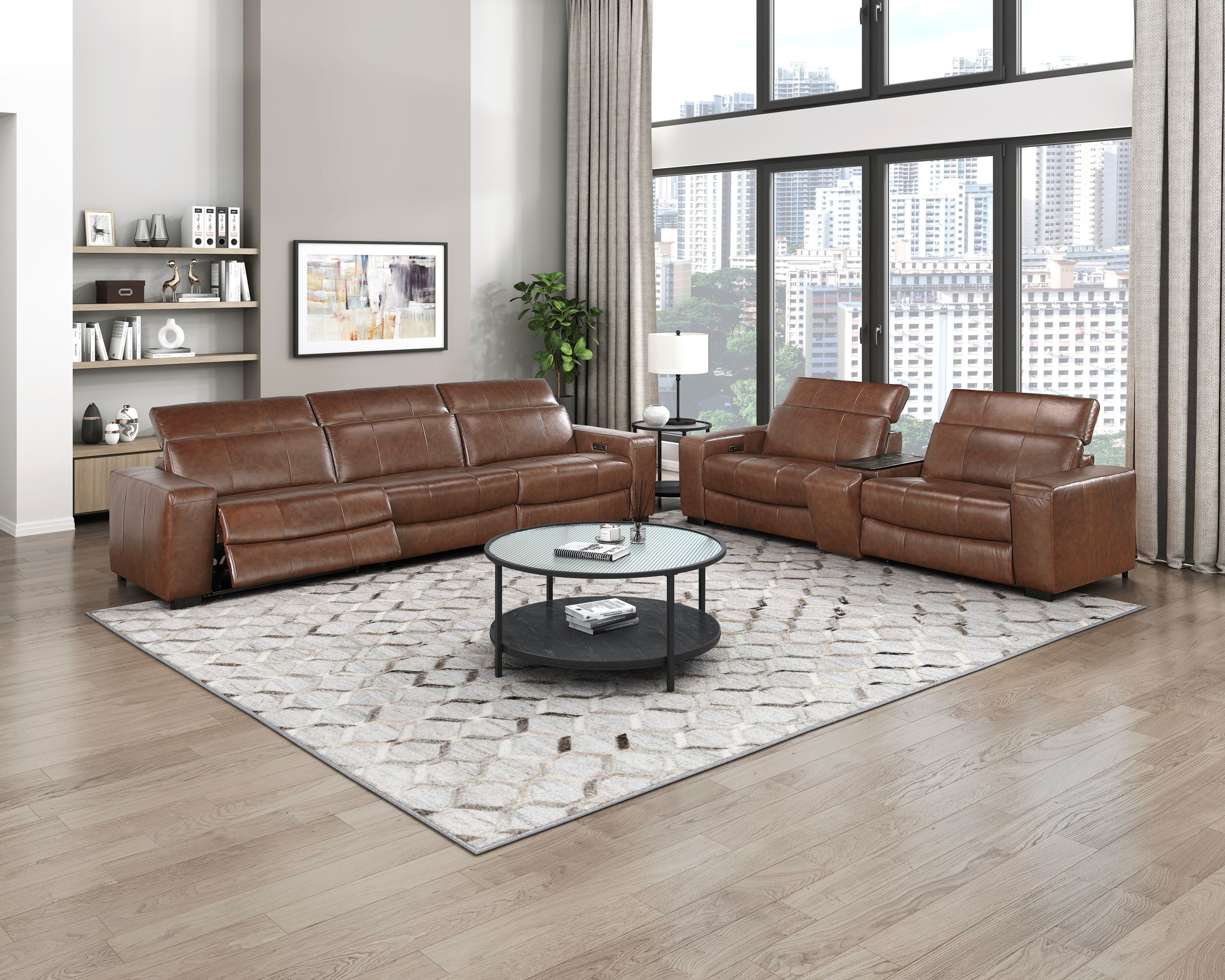 Sutton L-Shaped Leather 6‑Piece Power Reclining Modular Sectional with Power Headrests