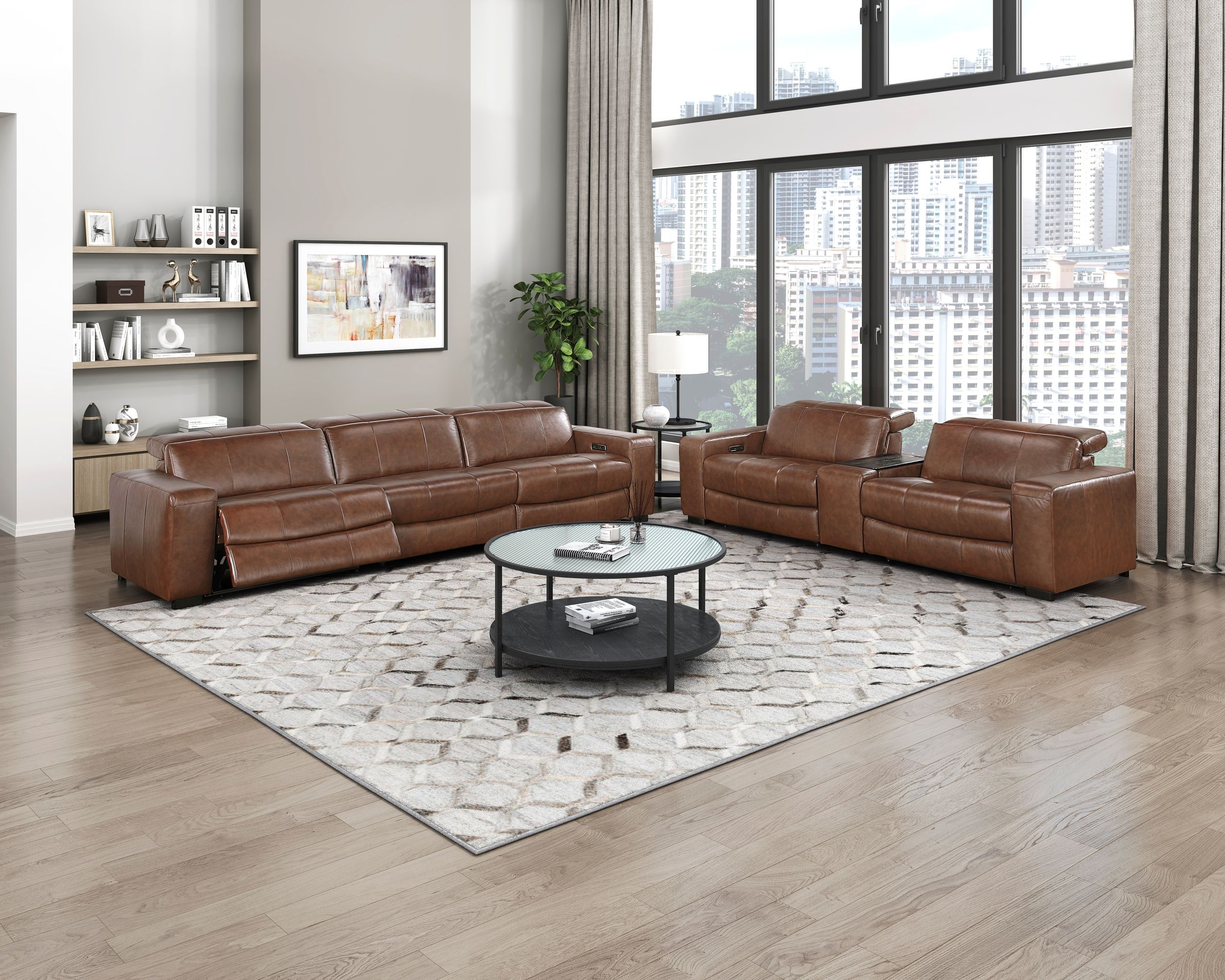 Sutton L-Shaped Leather 7‑Piece Power Reclining Modular Sectional with Power Headrests