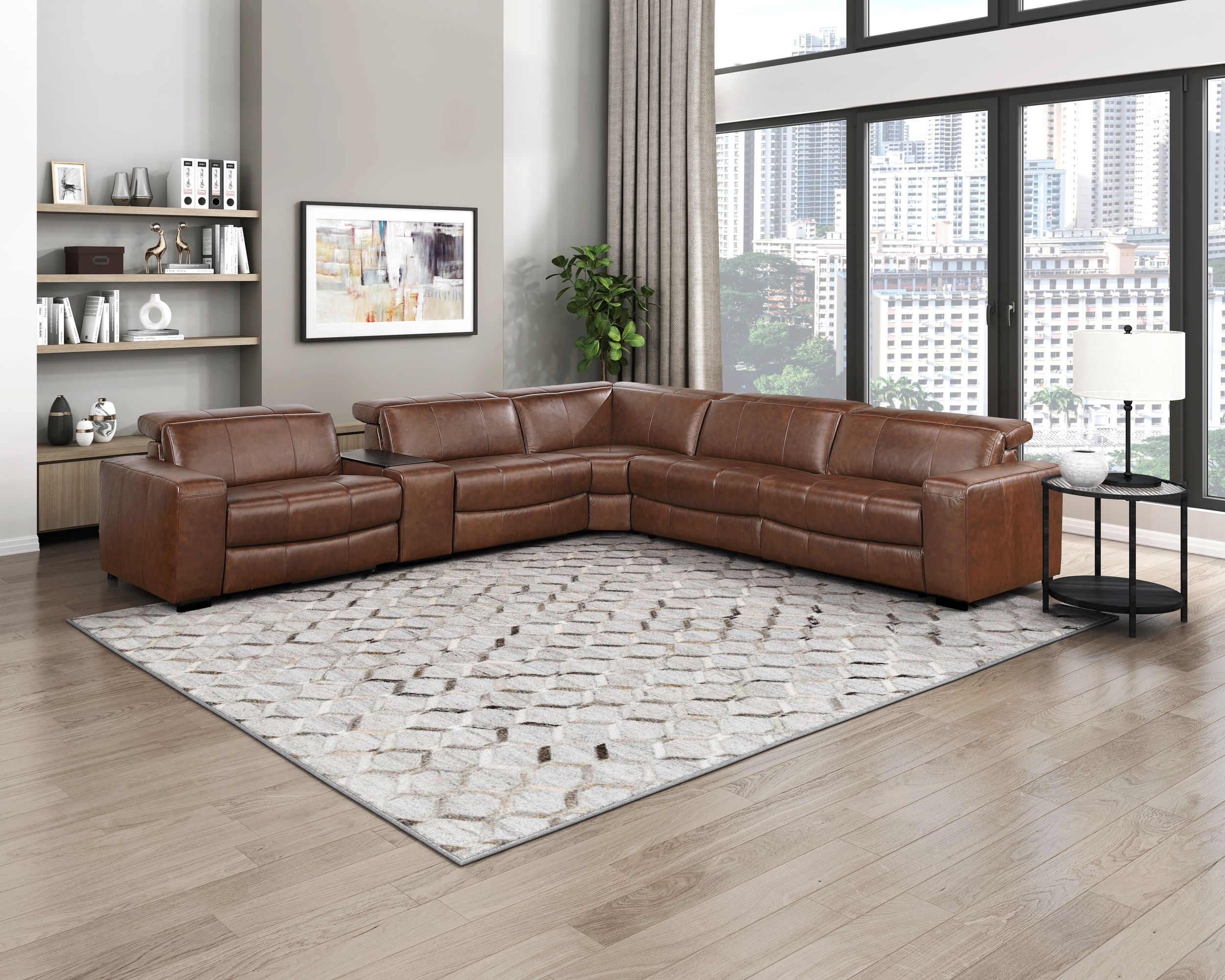 Sutton L-Shaped Leather 7‑Piece Power Reclining Modular Sectional with Power Headrests