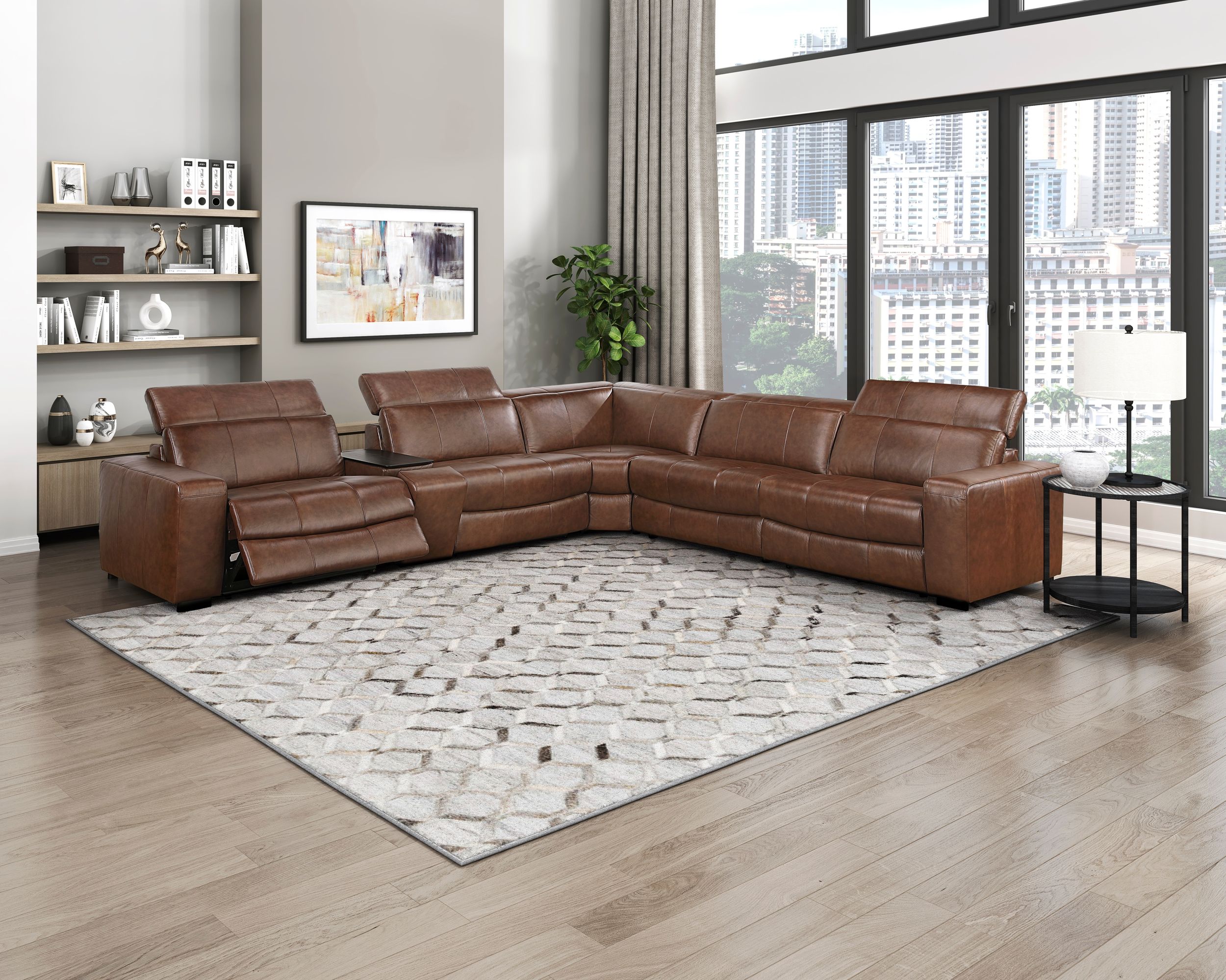 Sutton Leather Power Double Reclining Modular Loveseat with Console & Power Headrests