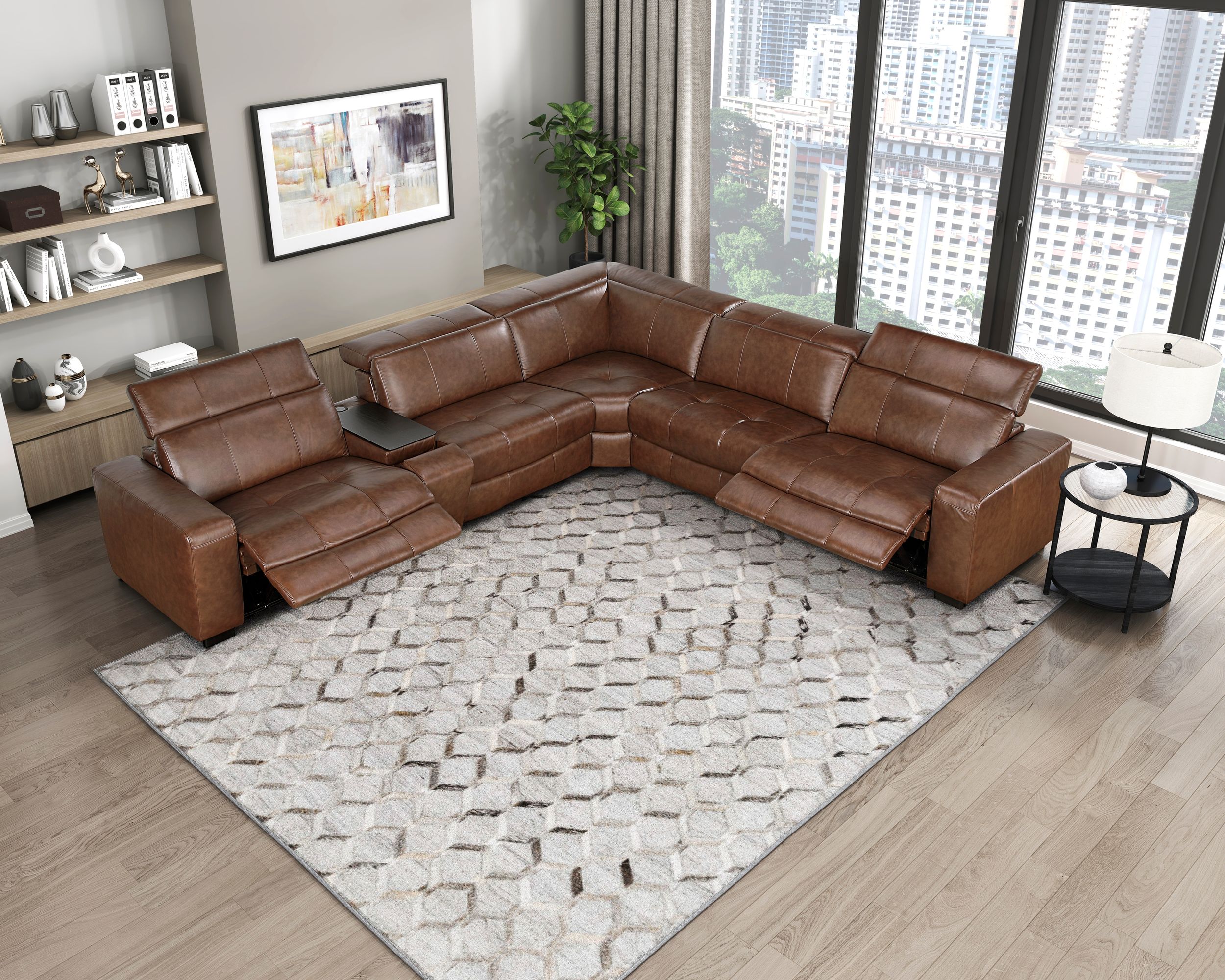 Sutton L-Shaped Leather 6‑Piece Power Reclining Modular Sectional with Power Headrests