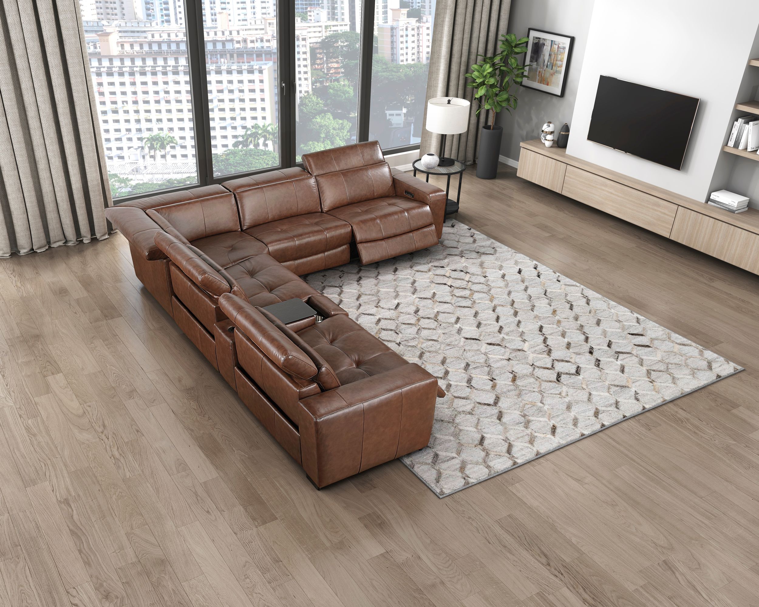 Sutton Leather Power Double Reclining Modular Loveseat with Console & Power Headrests