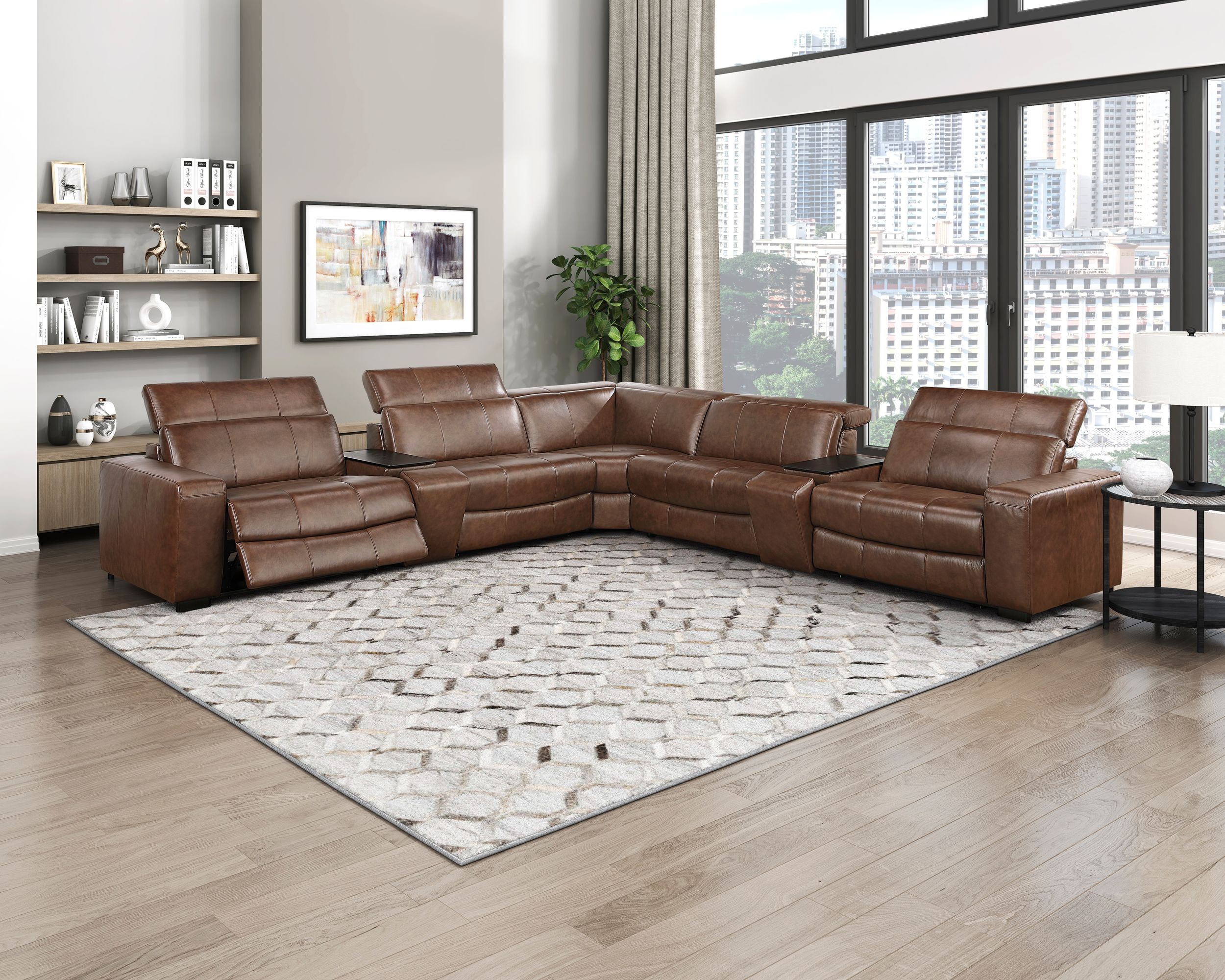 Sutton Leather Power Double Reclining Modular Sofa with Power Headrests