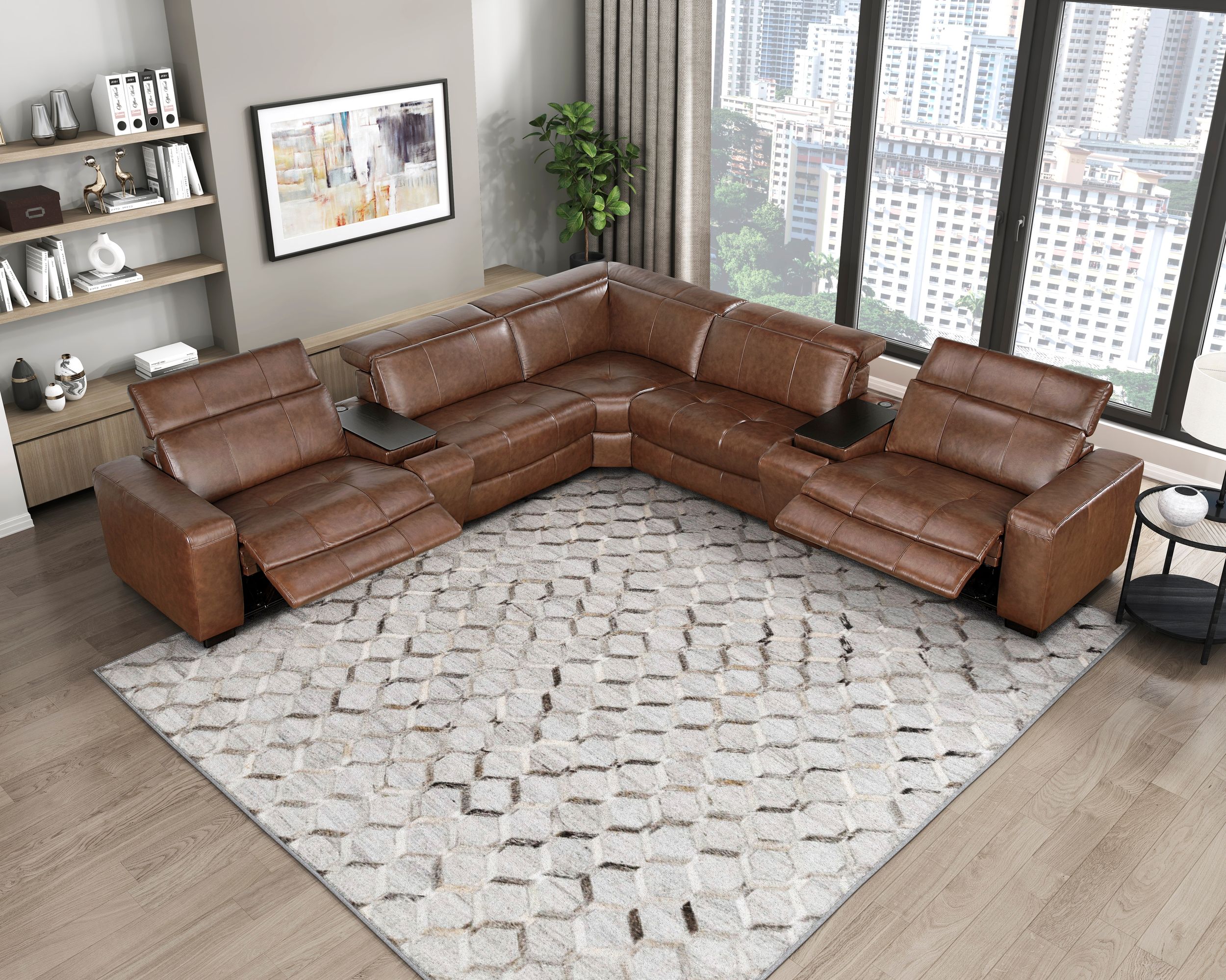 Sutton L-Shaped Leather 7‑Piece Power Reclining Modular Sectional with Power Headrests