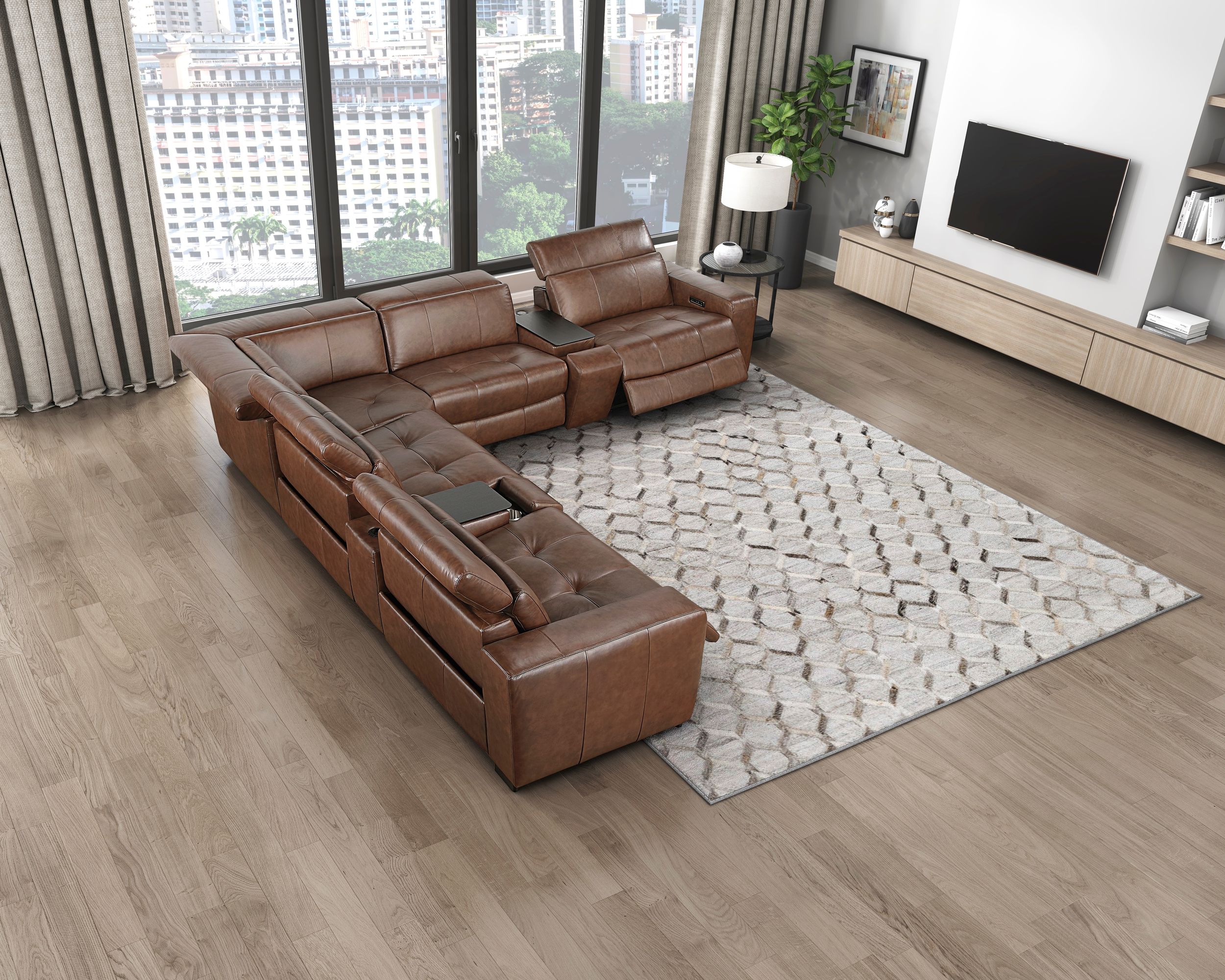 Sutton Leather Power Double Reclining Modular Sofa with Power Headrests