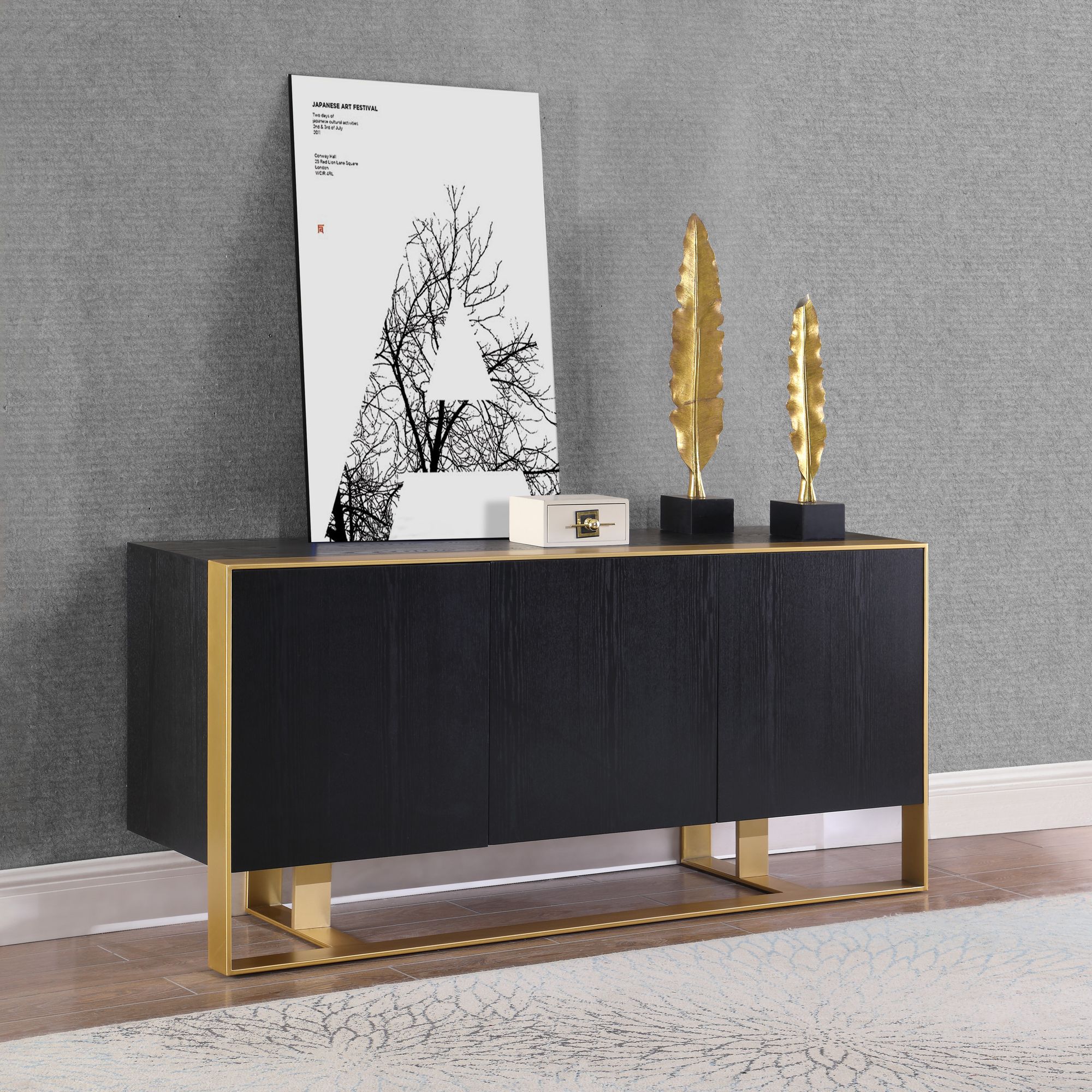 Sherwood 3-Door Oak Wood Veneer Sideboard with Brushed Gold Iron Base