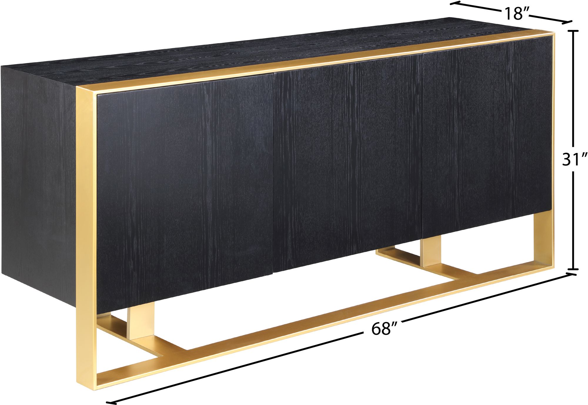 Sherwood 3-Door Oak Wood Veneer Sideboard with Brushed Gold Iron Base