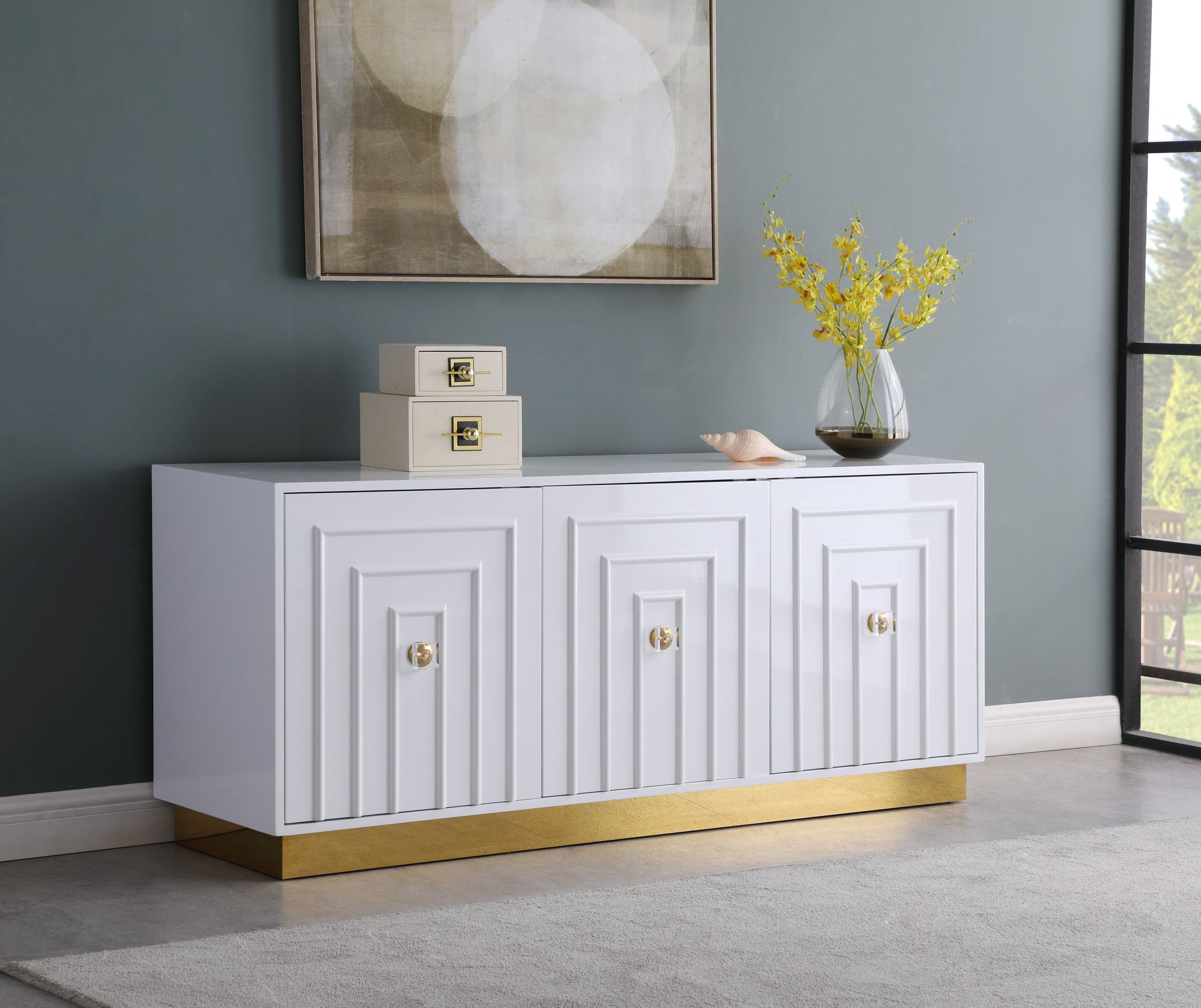 Cosmopolitan 3-Door Wood Veneer Lacquer Sideboard with Gold Stainless Steel Base & Handles