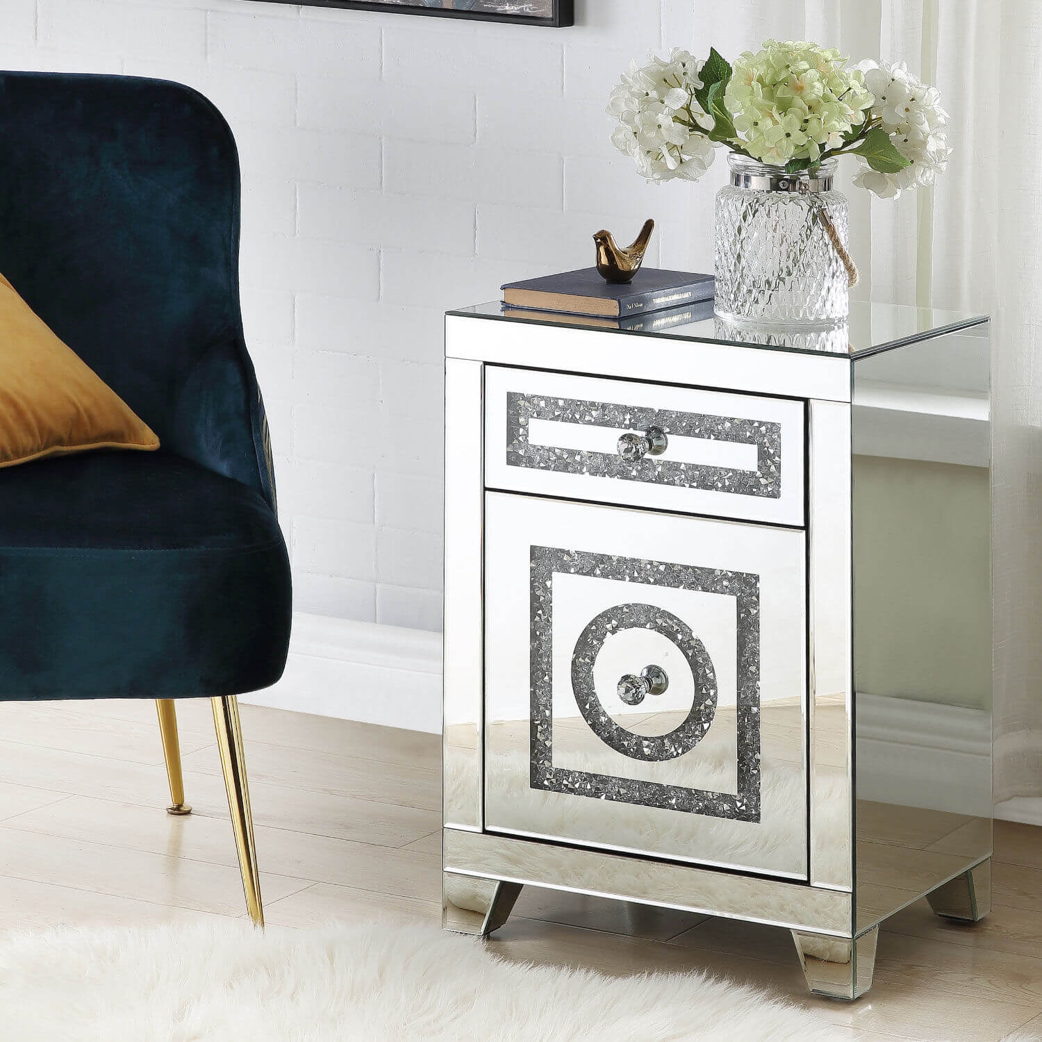 Noralie 97934 Mirrored/Faux Diamonds Accent Table/Nightstand