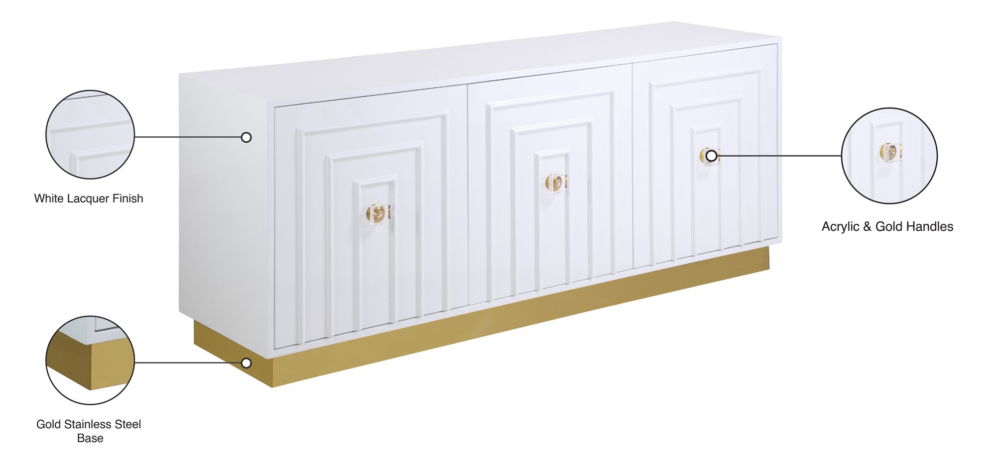 Cosmopolitan 3-Door Wood Veneer Lacquer Sideboard with Gold Stainless Steel Base & Handles