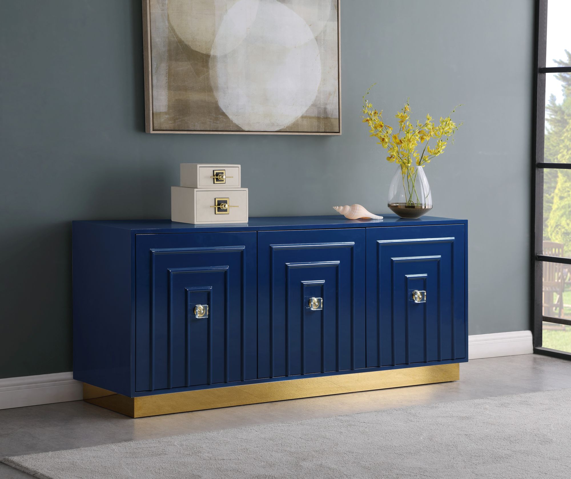 Cosmopolitan 3-Door Wood Veneer Lacquer Sideboard with Gold Stainless Steel Base & Handles