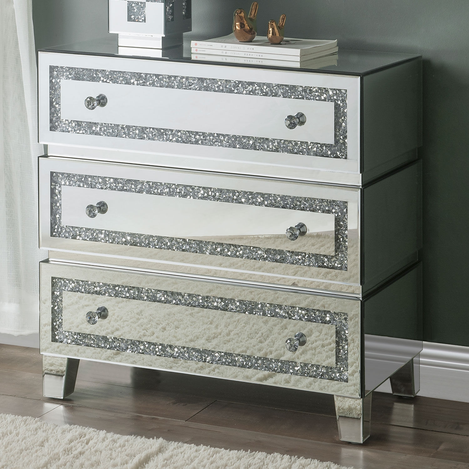 Noor Mirrored/Faux Diamonds Cabinet w/3 Drawers
