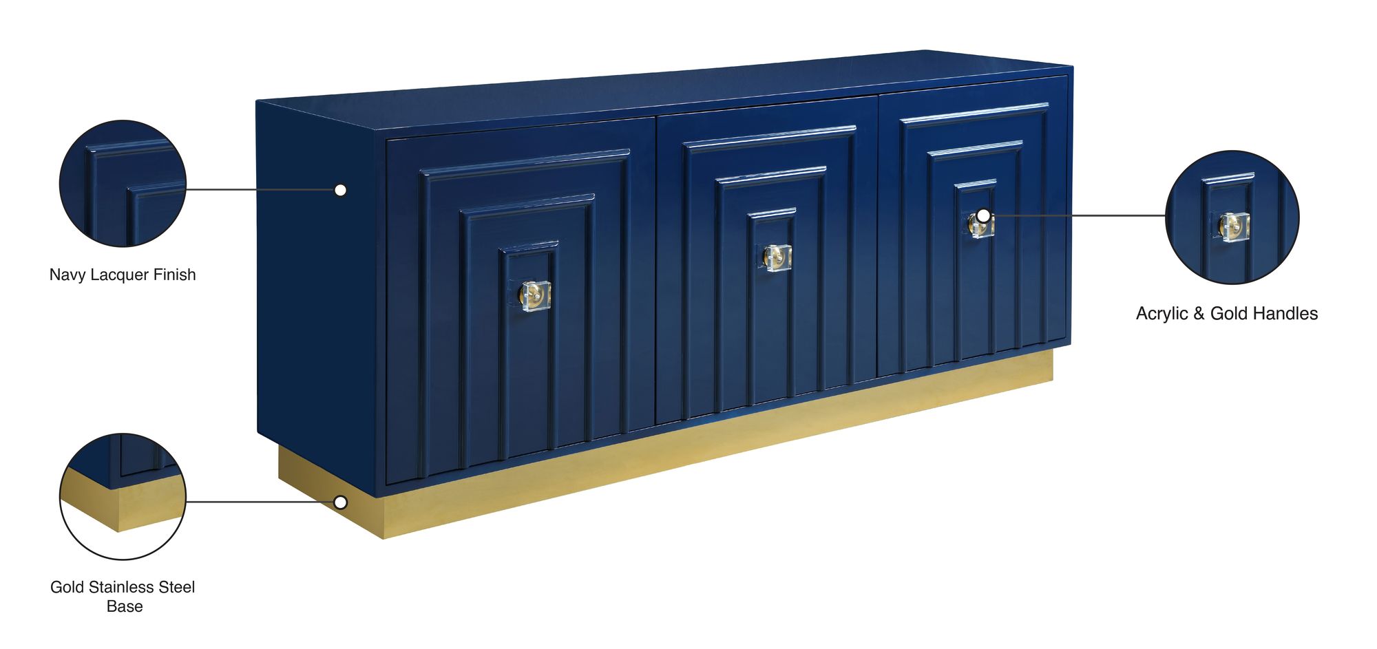 Cosmopolitan 3-Door Wood Veneer Lacquer Sideboard with Gold Stainless Steel Base & Handles