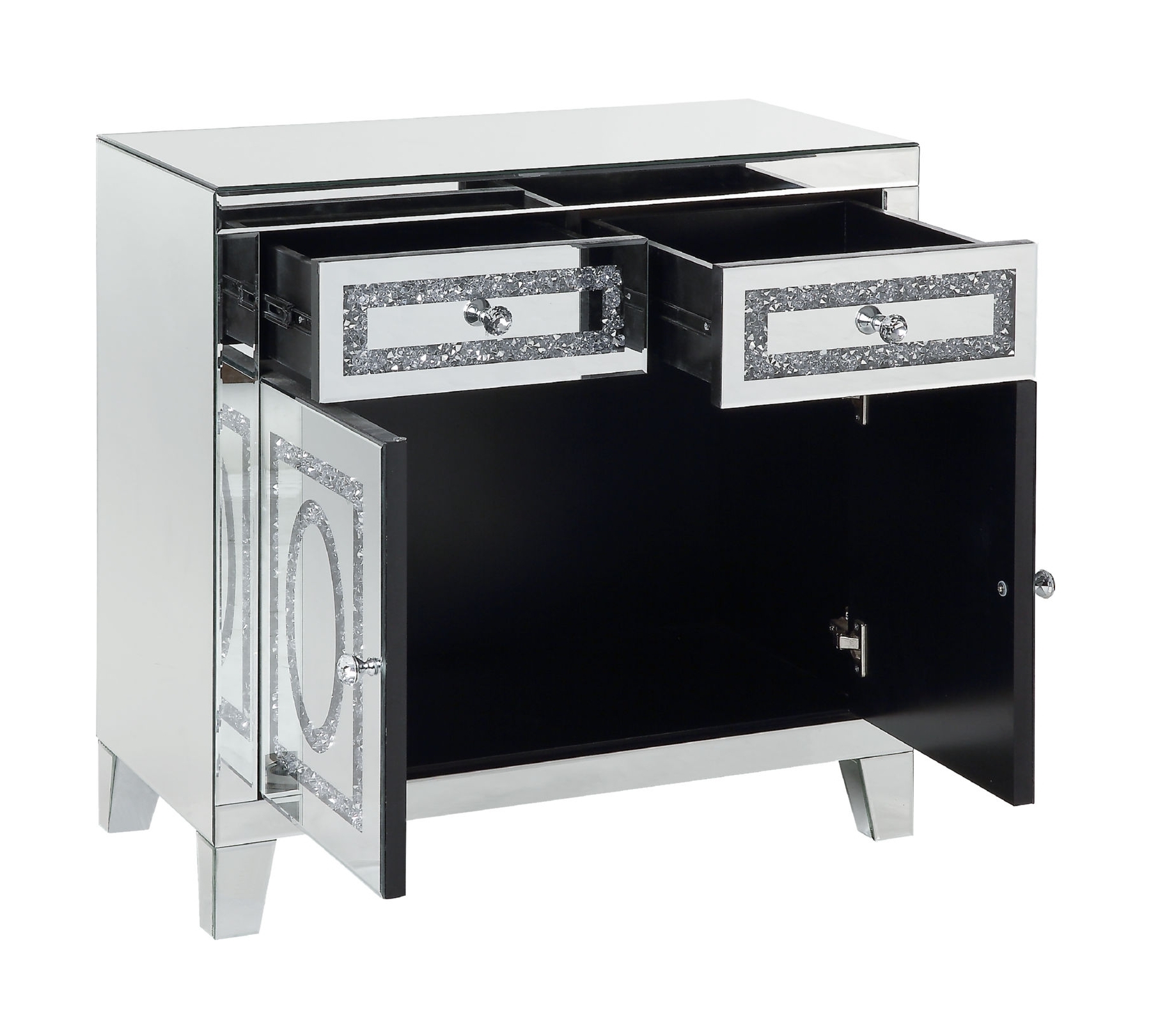 Noralie Mirrored/Faux Diamonds Cabinet w/2 Drawers & 2 Doors