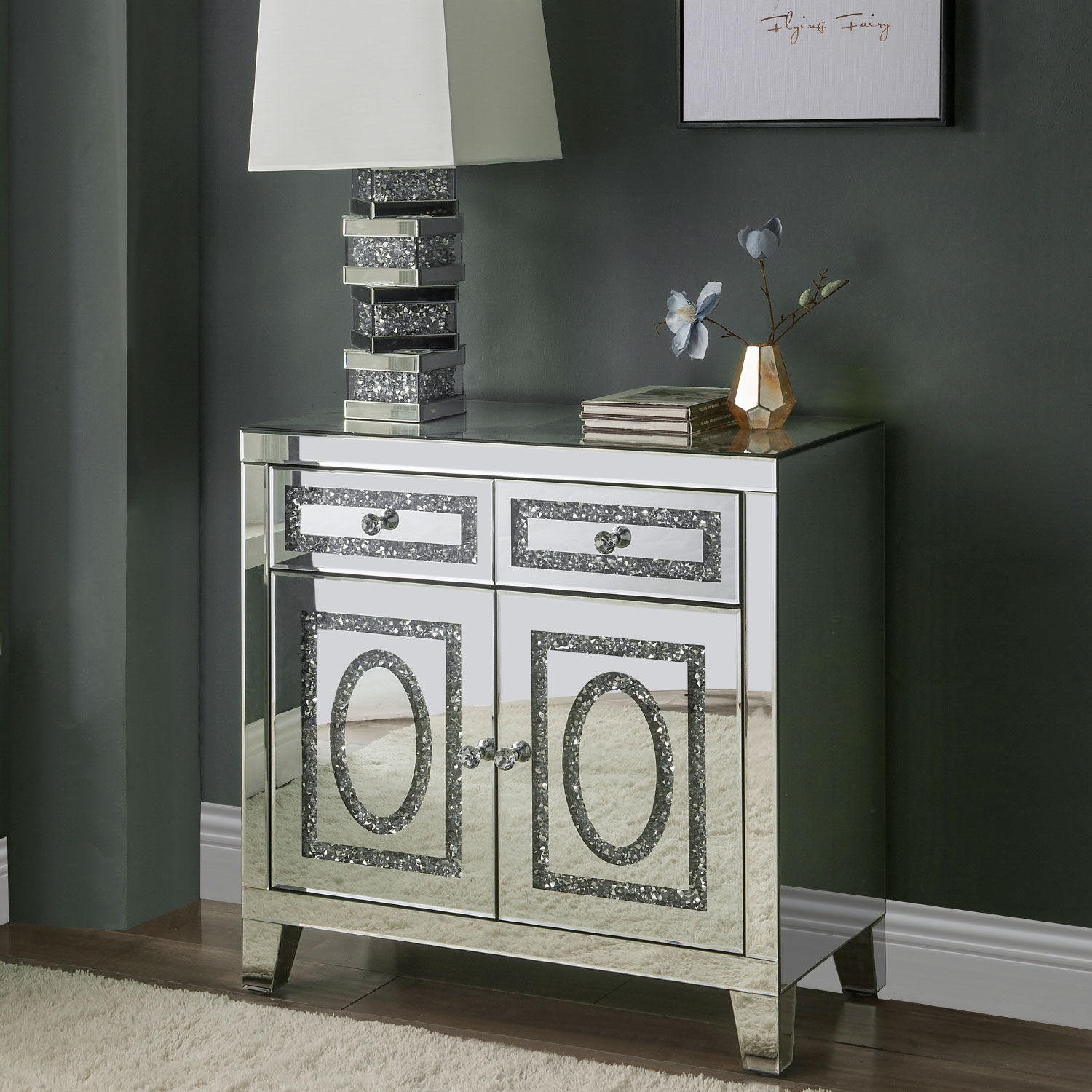 Noralie Mirrored/Faux Diamonds Cabinet w/2 Drawers & 2 Doors